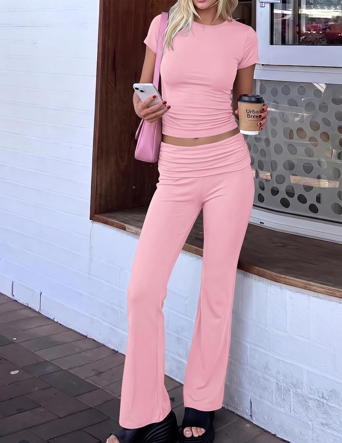 image:imageEkouaer Womens Pajama Set Short Sleeve Crop Top Foldover Flare Pants Soft Comfy Stretchy Summer Wear Fall Layer High Waist Fold Waistband For Loungewear Yoga Daily Casual WearPink
