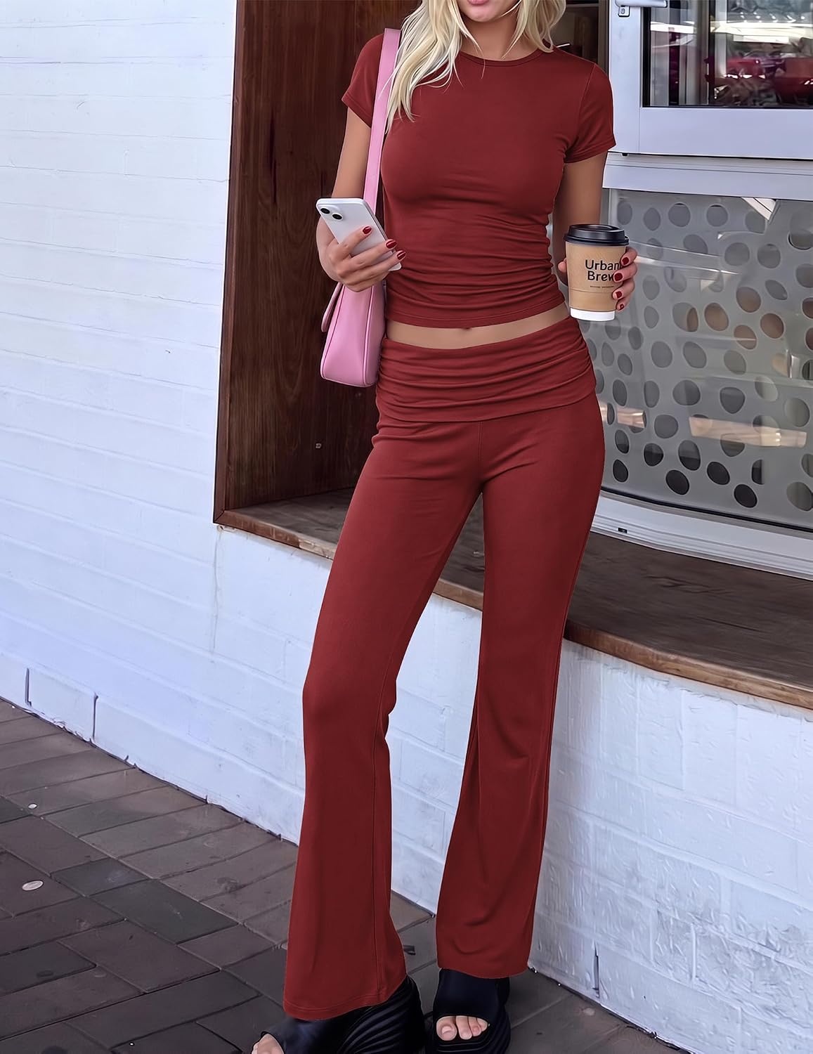 image:imageEkouaer Womens Pajama Set Short Sleeve Crop Top Foldover Flare Pants Soft Comfy Stretchy Summer Wear Fall Layer High Waist Fold Waistband For Loungewear Yoga Daily Casual WearWine Red