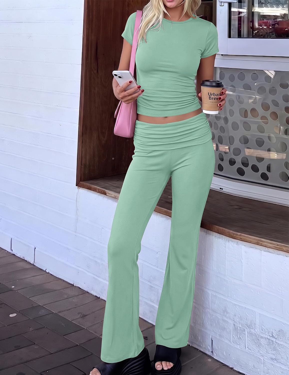 image:imageEkouaer Womens Pajama Set Short Sleeve Crop Top Foldover Flare Pants Soft Comfy Stretchy Summer Wear Fall Layer High Waist Fold Waistband For Loungewear Yoga Daily Casual WearIce Green