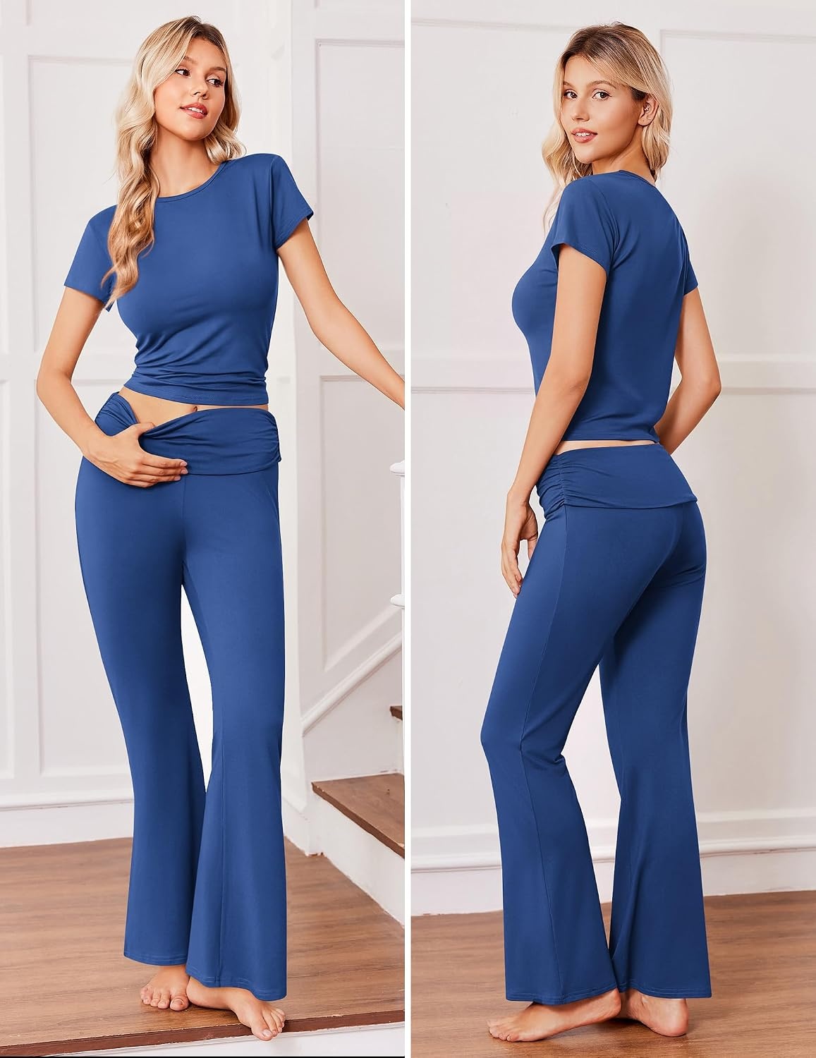 image:imageEkouaer Womens Pajama Set Short Sleeve Crop Top Foldover Flare Pants Soft Comfy Stretchy Summer Wear Fall Layer High Waist Fold Waistband For Loungewear Yoga Daily Casual WearNavy Blue