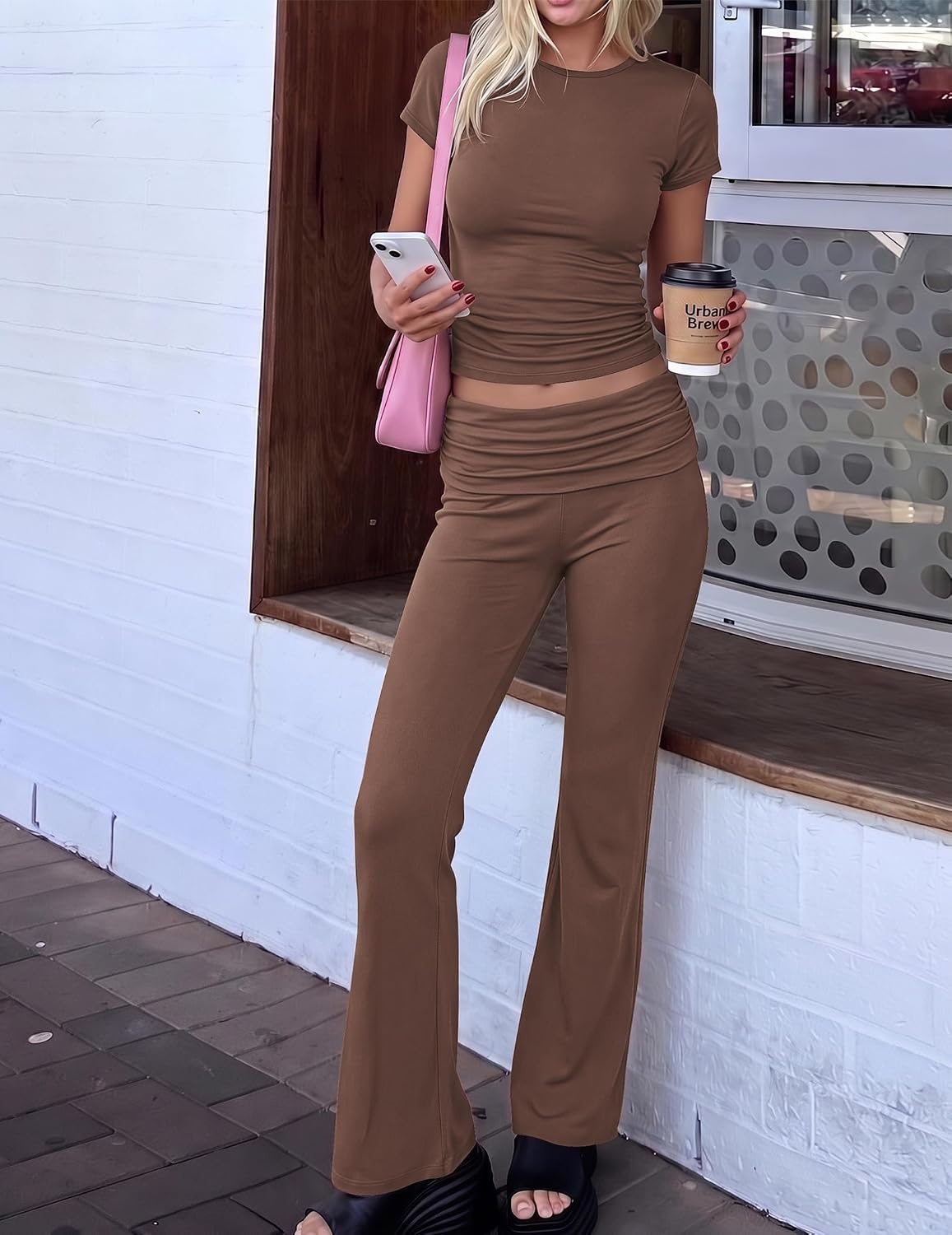 image:imageEkouaer Womens Pajama Set Short Sleeve Crop Top Foldover Flare Pants Soft Comfy Stretchy Summer Wear Fall Layer High Waist Fold Waistband For Loungewear Yoga Daily Casual WearBrown