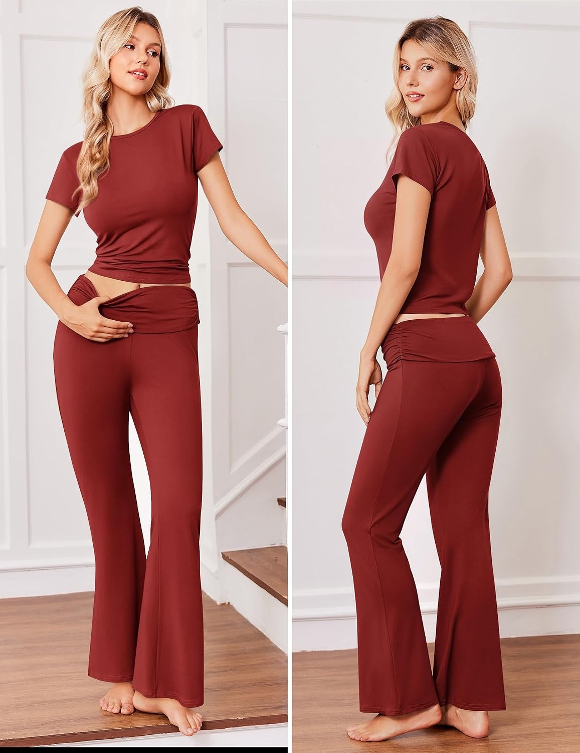 image:imageEkouaer Womens Pajama Set Short Sleeve Crop Top Foldover Flare Pants Soft Comfy Stretchy Summer Wear Fall Layer High Waist Fold Waistband For Loungewear Yoga Daily Casual WearWine Red