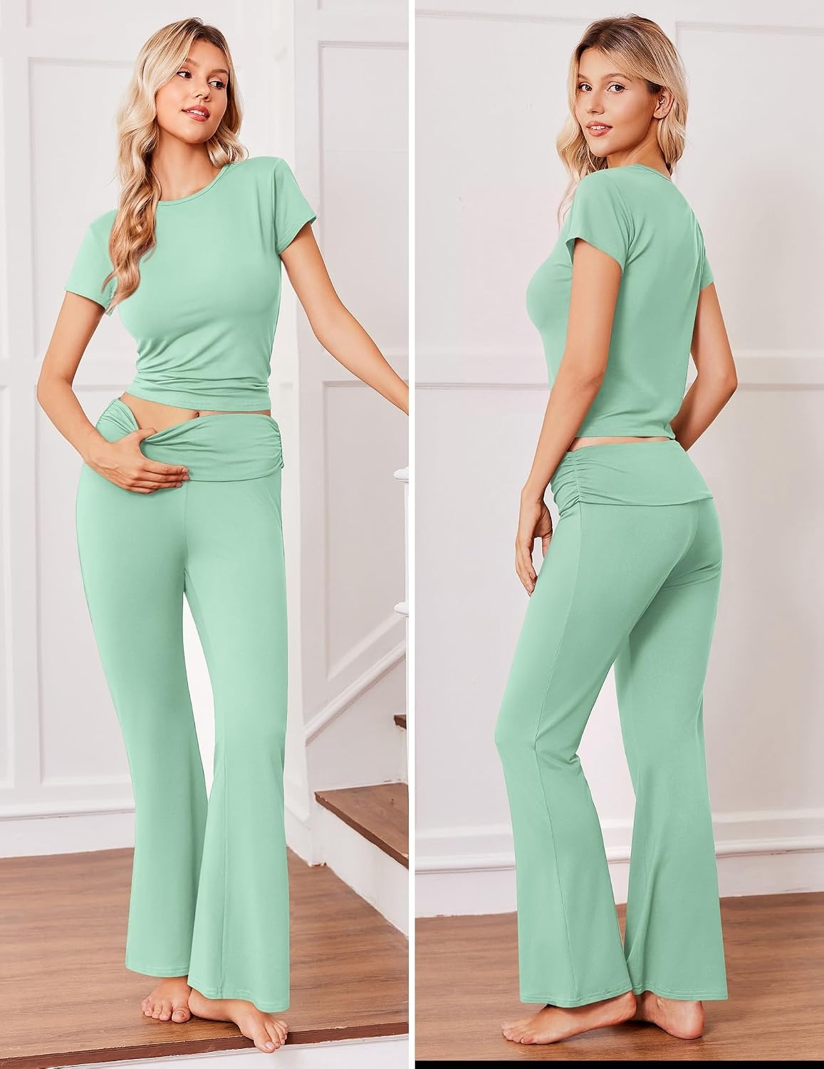 image:imageEkouaer Womens Pajama Set Short Sleeve Crop Top Foldover Flare Pants Soft Comfy Stretchy Summer Wear Fall Layer High Waist Fold Waistband For Loungewear Yoga Daily Casual WearIce Green