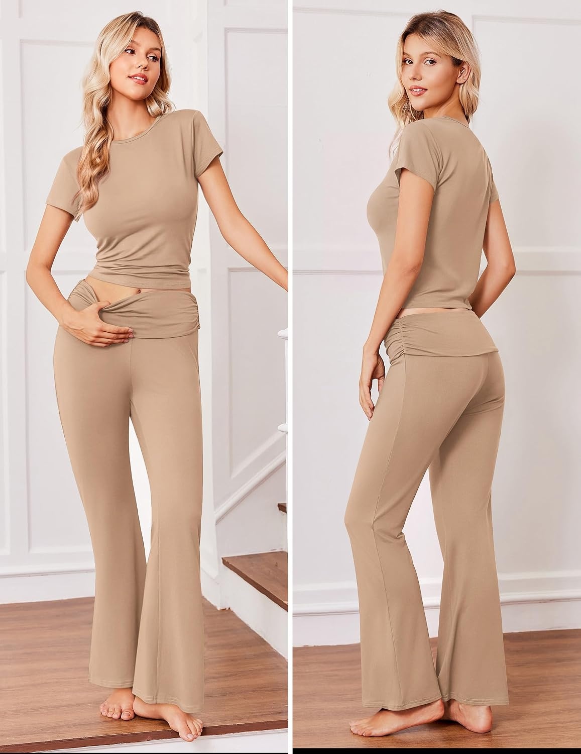image:imageEkouaer Womens Pajama Set Short Sleeve Crop Top Foldover Flare Pants Soft Comfy Stretchy Summer Wear Fall Layer High Waist Fold Waistband For Loungewear Yoga Daily Casual WearKhaki