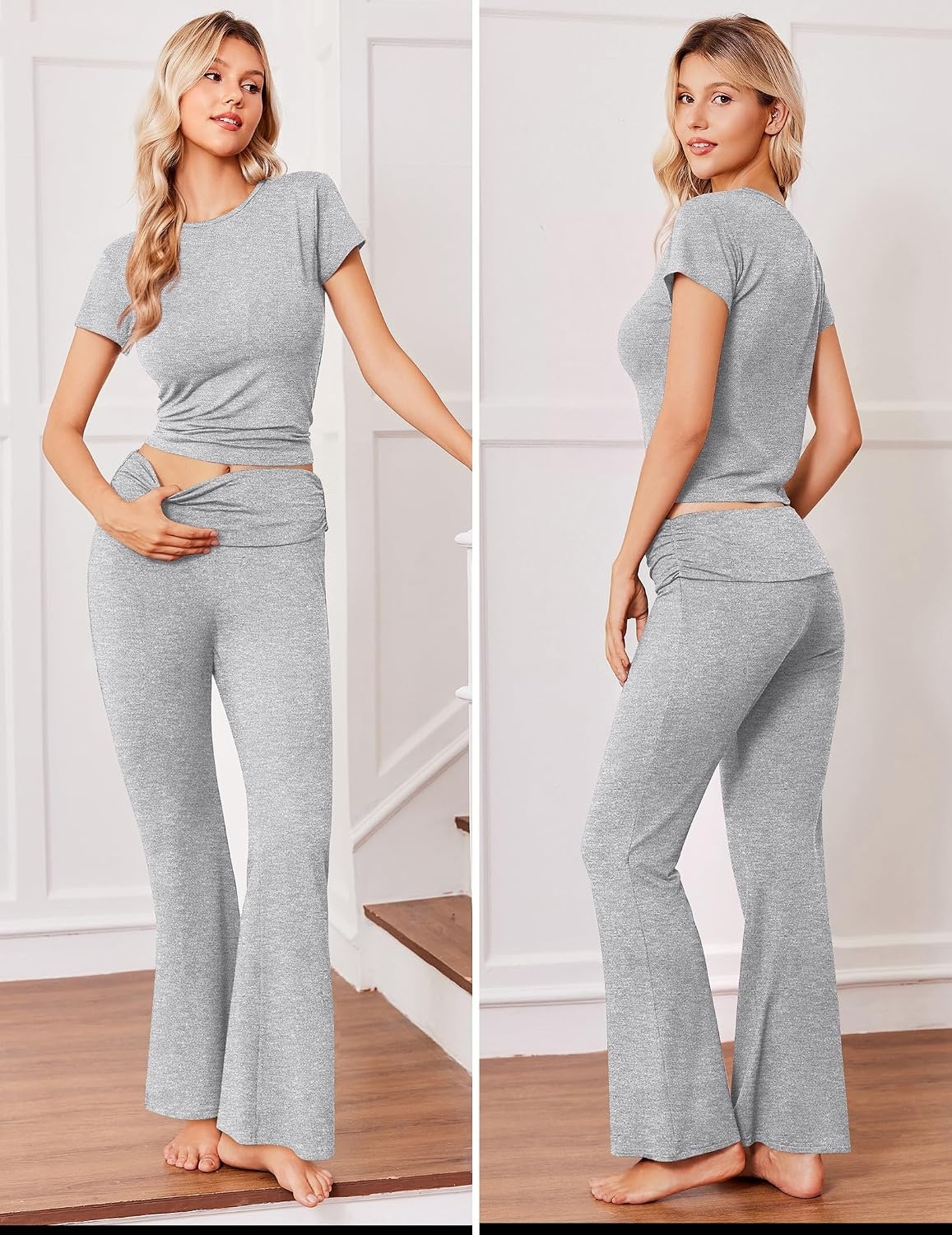 image:imageEkouaer Womens Pajama Set Short Sleeve Crop Top Foldover Flare Pants Soft Comfy Stretchy Summer Wear Fall Layer High Waist Fold Waistband For Loungewear Yoga Daily Casual WearLight Gray