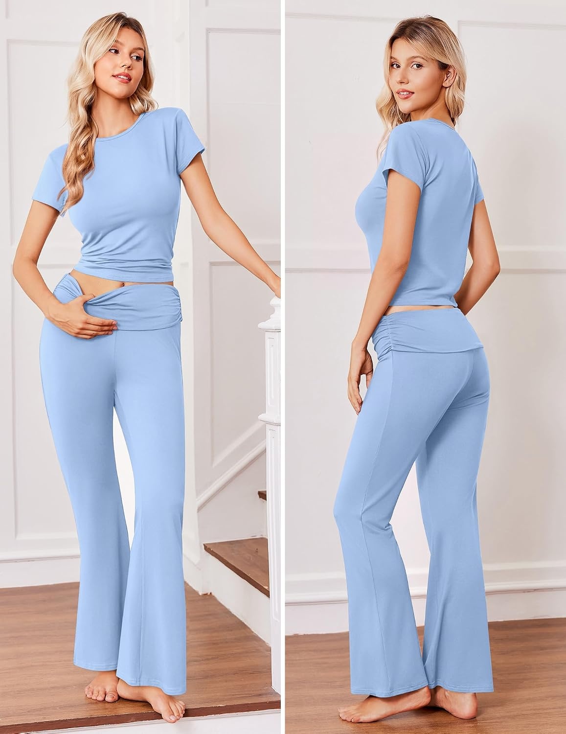image:imageEkouaer Womens Pajama Set Short Sleeve Crop Top Foldover Flare Pants Soft Comfy Stretchy Summer Wear Fall Layer High Waist Fold Waistband For Loungewear Yoga Daily Casual WearLight Blue