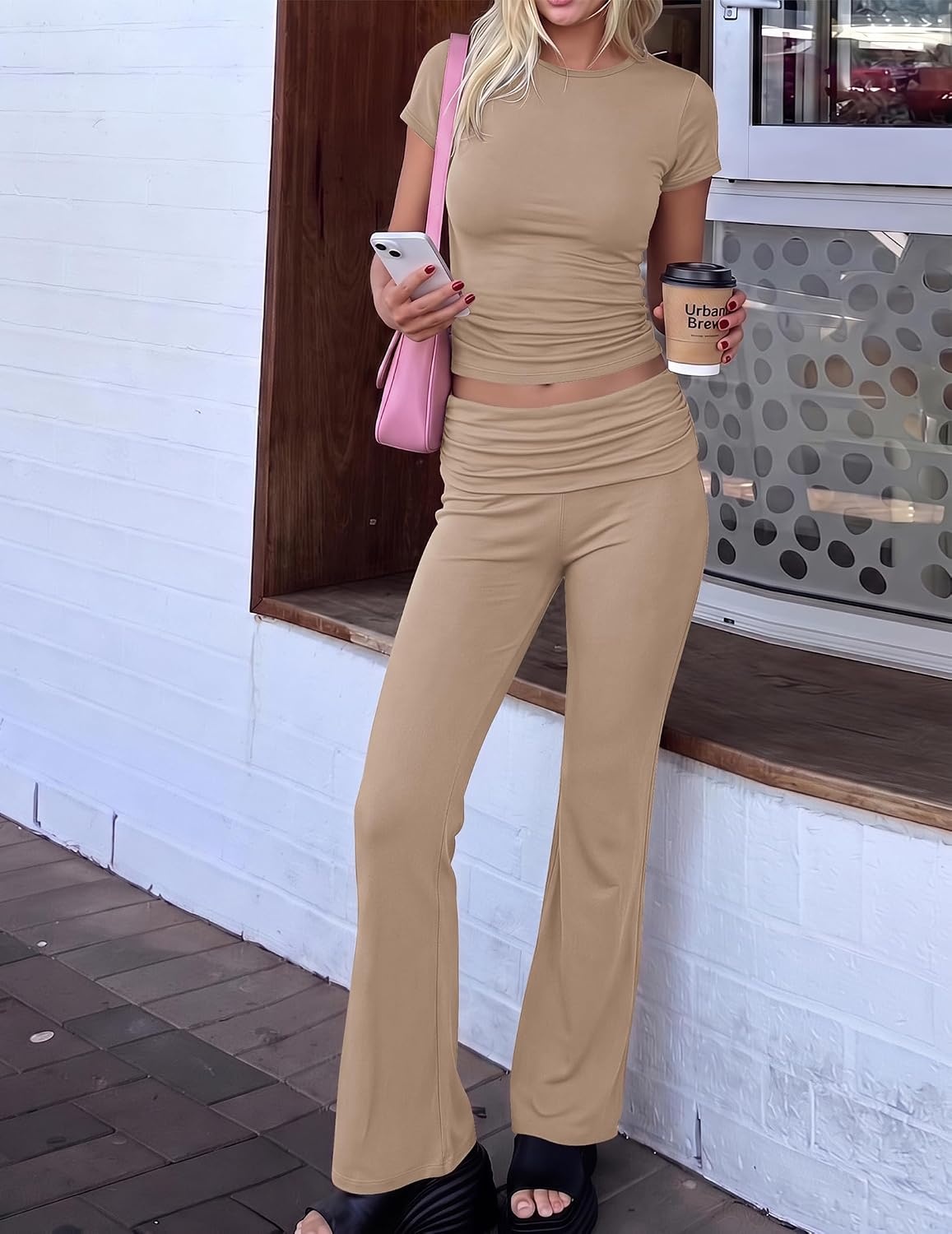 image:imageEkouaer Womens Pajama Set Short Sleeve Crop Top Foldover Flare Pants Soft Comfy Stretchy Summer Wear Fall Layer High Waist Fold Waistband For Loungewear Yoga Daily Casual WearKhaki