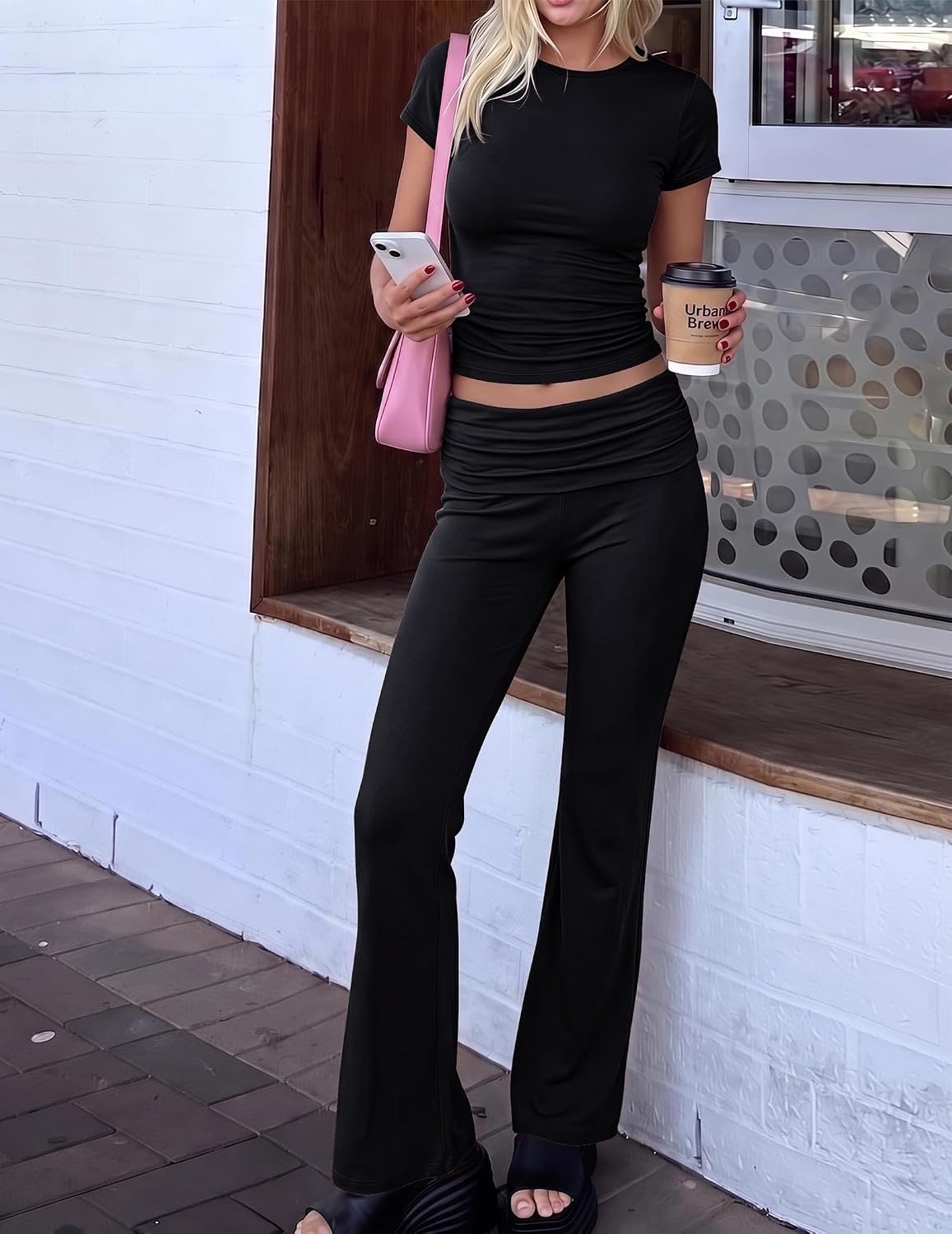 image:imageEkouaer Womens Pajama Set Short Sleeve Crop Top Foldover Flare Pants Soft Comfy Stretchy Summer Wear Fall Layer High Waist Fold Waistband For Loungewear Yoga Daily Casual WearBlack