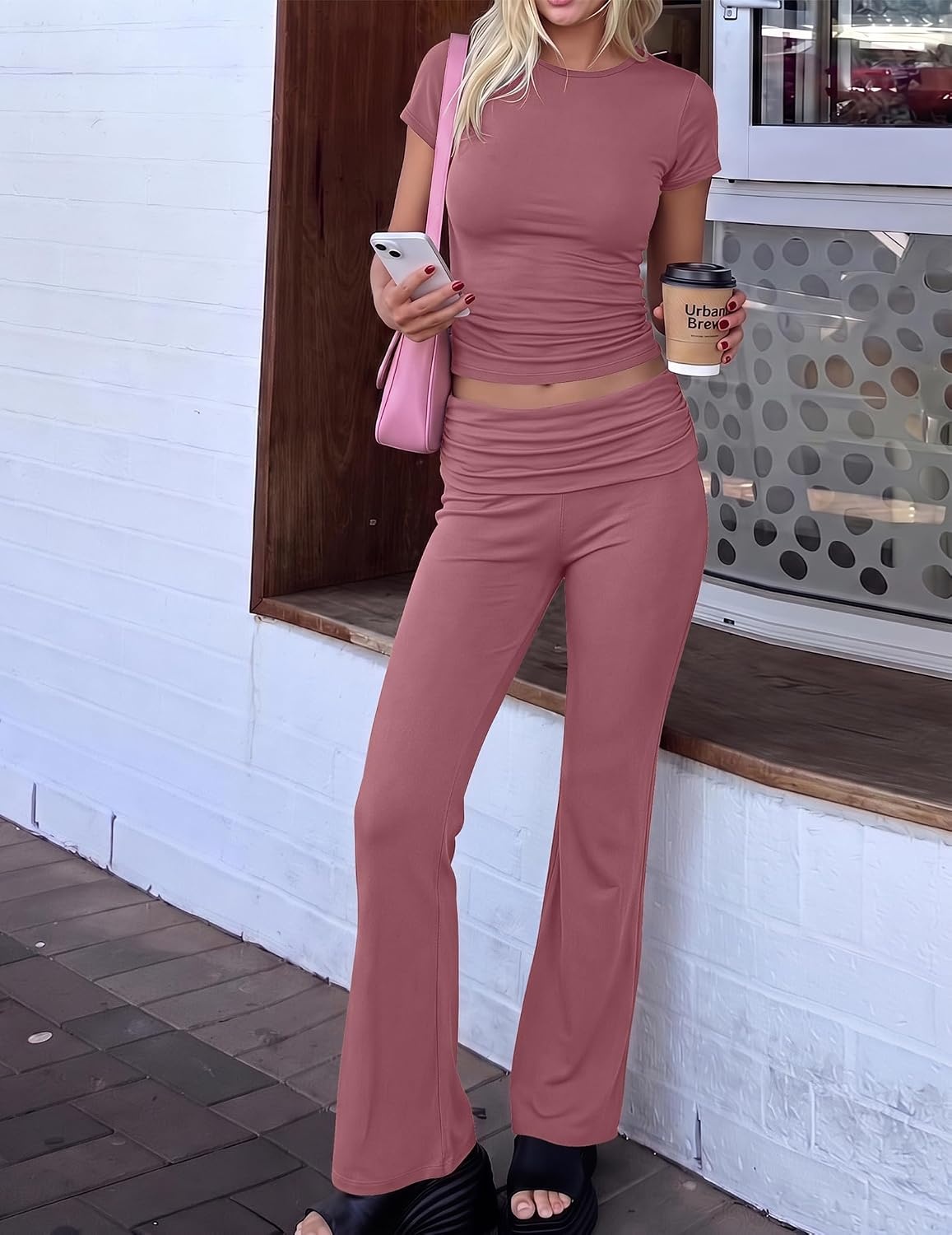 image:imageEkouaer Womens Pajama Set Short Sleeve Crop Top Foldover Flare Pants Soft Comfy Stretchy Summer Wear Fall Layer High Waist Fold Waistband For Loungewear Yoga Daily Casual WearGray Purple