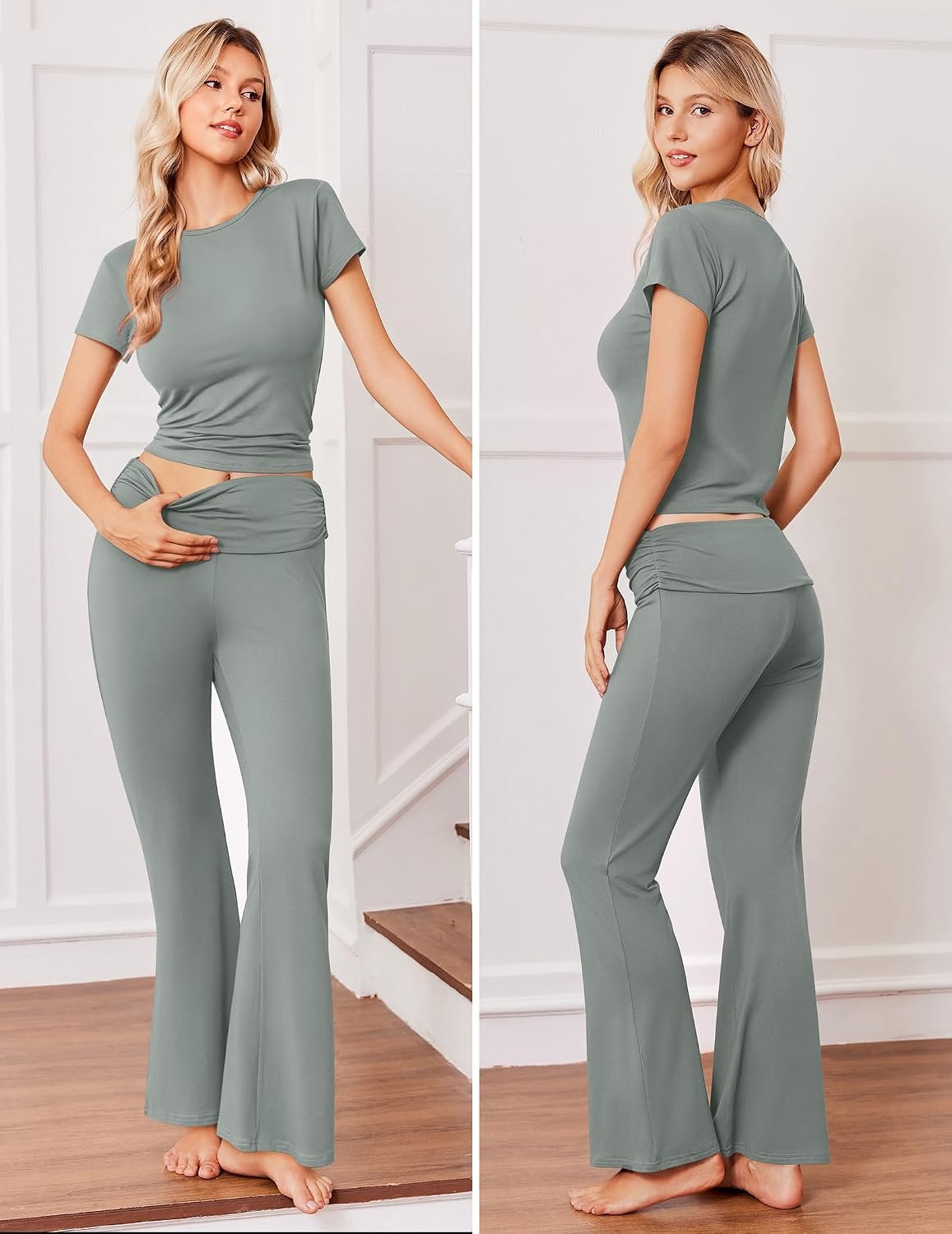 image:imageEkouaer Womens Pajama Set Short Sleeve Crop Top Foldover Flare Pants Soft Comfy Stretchy Summer Wear Fall Layer High Waist Fold Waistband For Loungewear Yoga Daily Casual WearGray Green