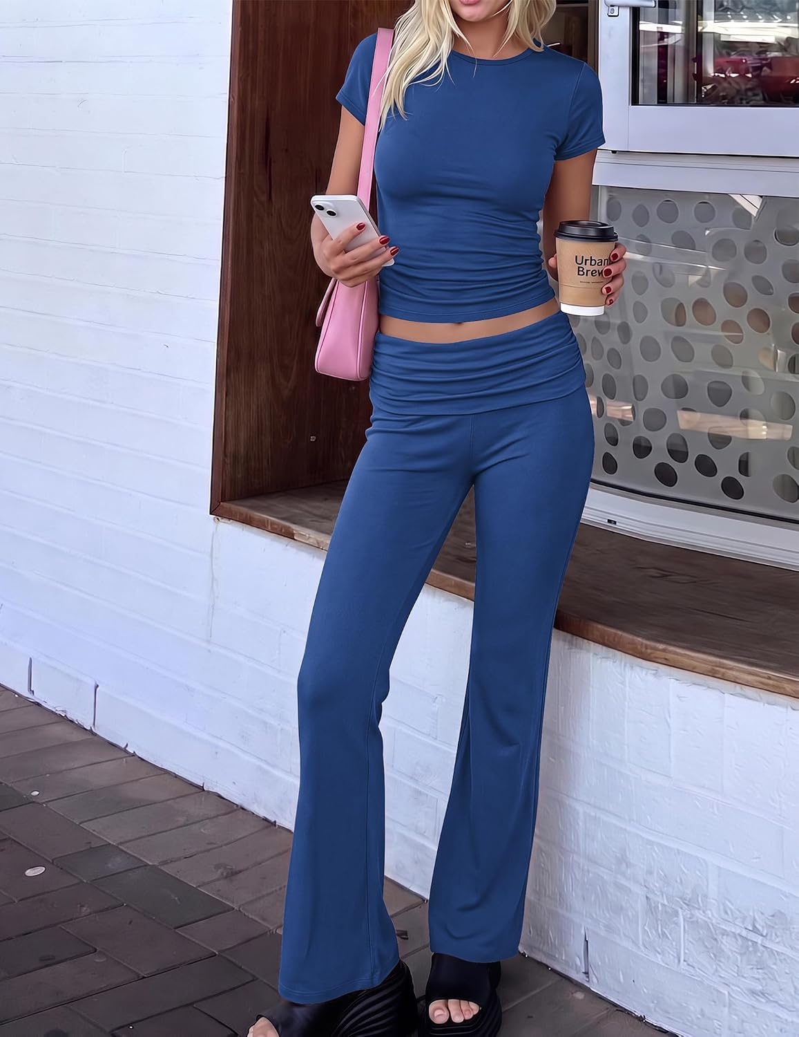 image:imageEkouaer Womens Pajama Set Short Sleeve Crop Top Foldover Flare Pants Soft Comfy Stretchy Summer Wear Fall Layer High Waist Fold Waistband For Loungewear Yoga Daily Casual WearNavy Blue
