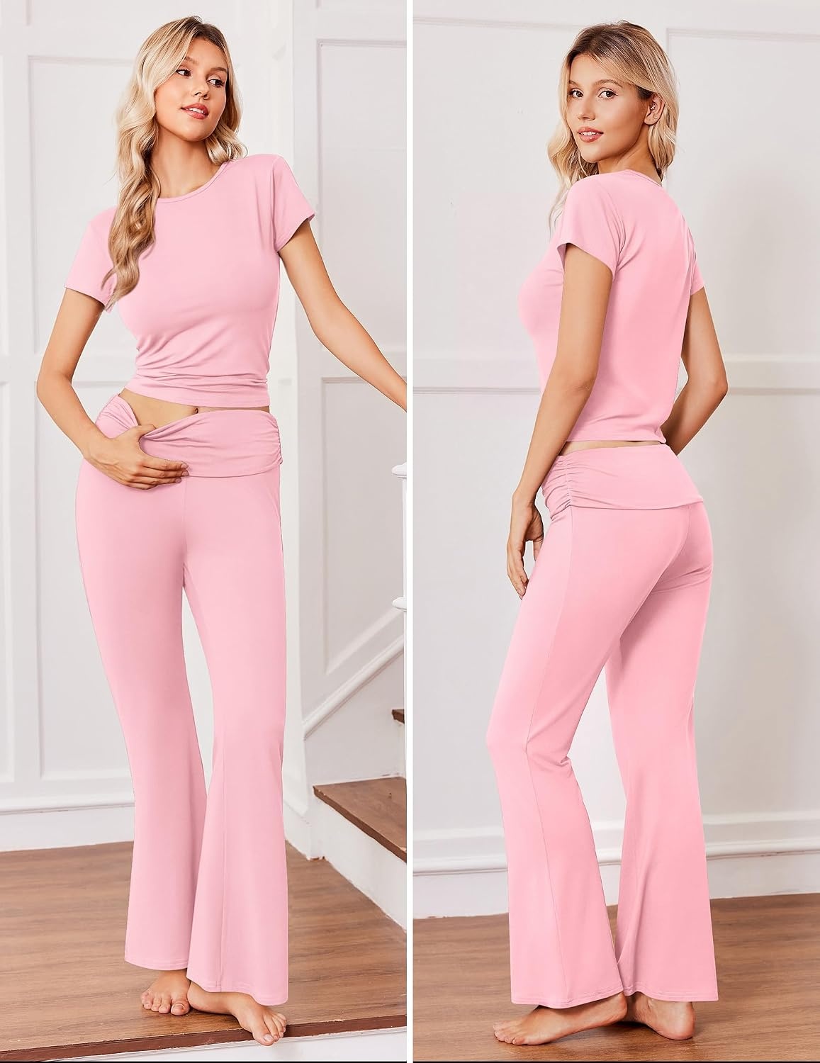 image:imageEkouaer Womens Pajama Set Short Sleeve Crop Top Foldover Flare Pants Soft Comfy Stretchy Summer Wear Fall Layer High Waist Fold Waistband For Loungewear Yoga Daily Casual WearPink