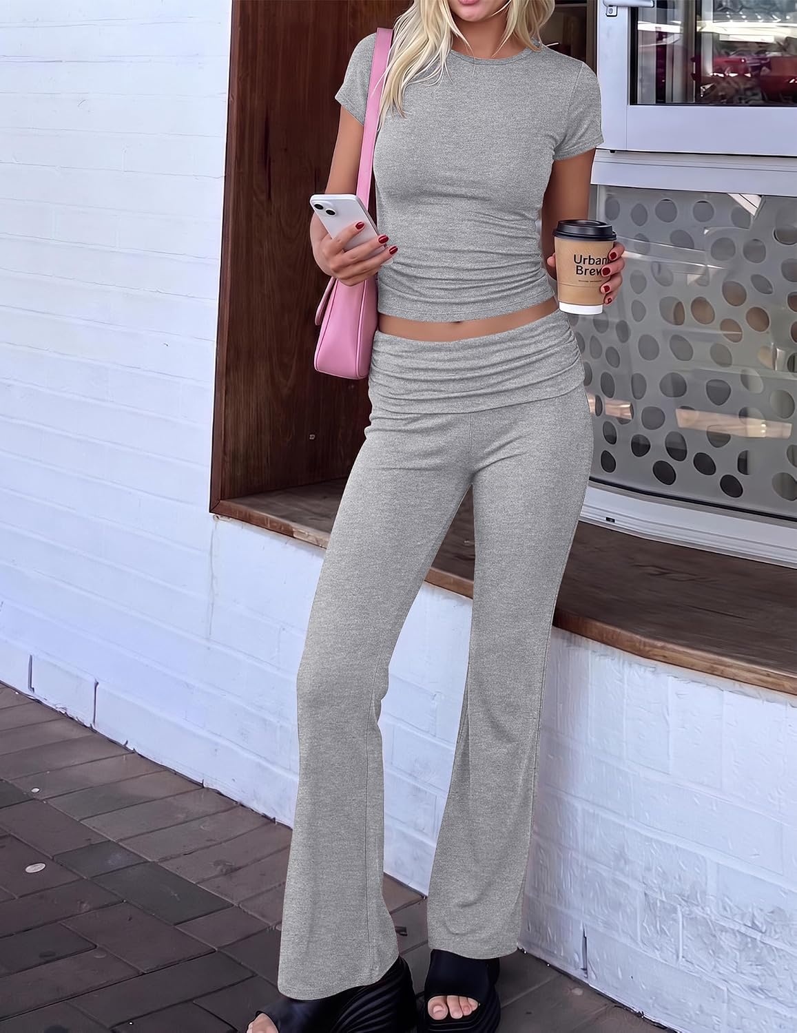 image:imageEkouaer Womens Pajama Set Short Sleeve Crop Top Foldover Flare Pants Soft Comfy Stretchy Summer Wear Fall Layer High Waist Fold Waistband For Loungewear Yoga Daily Casual WearLight Gray