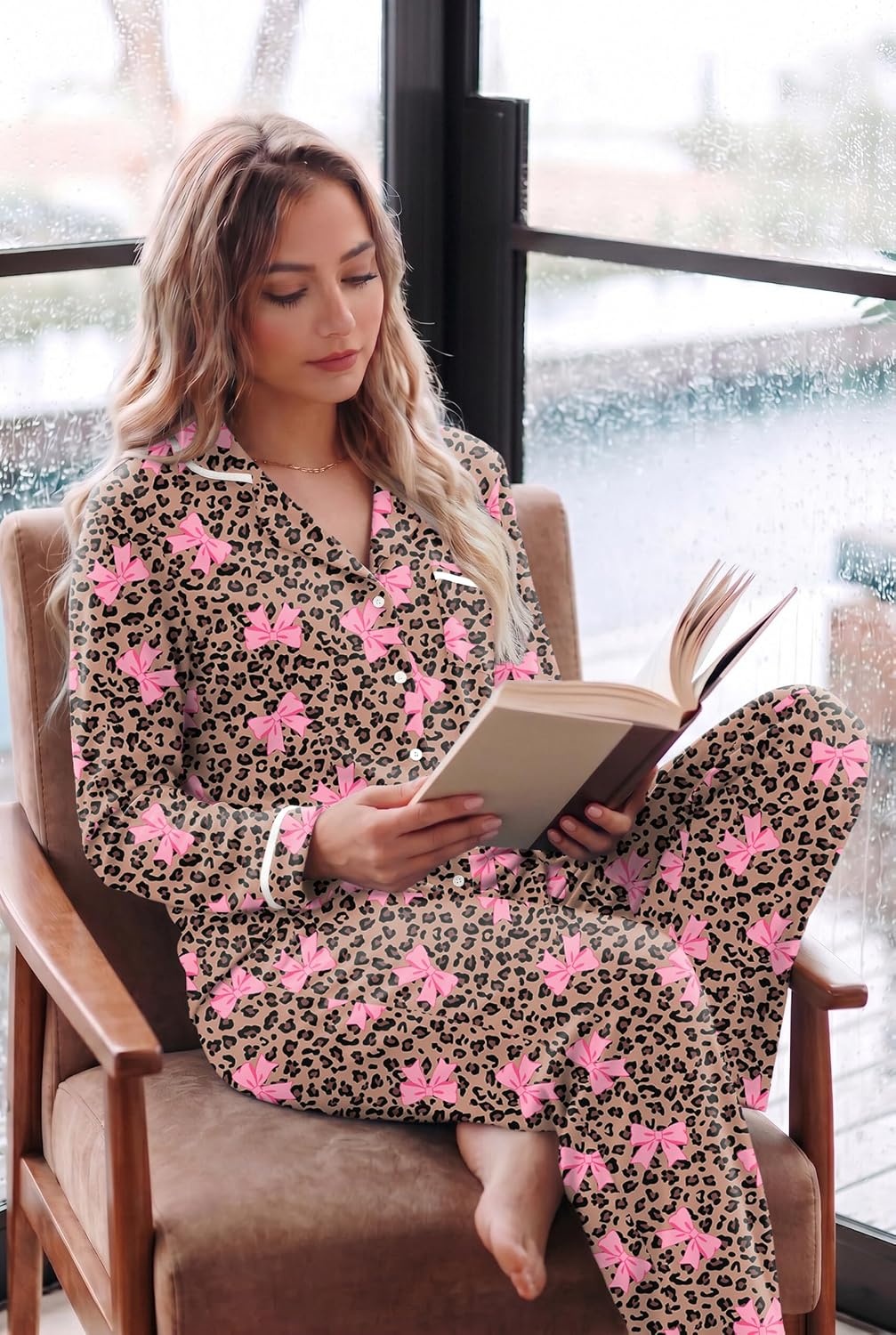 image:imageEkouaer Womens Pajama Sets Long Sleeve Button Down 2 Piece Soft Pjs Soft 2 Piece Lounge Sets Fall Sleepwear Long Pants With Side Pockets Soft and SkinFriendly FabricLeopard Bow