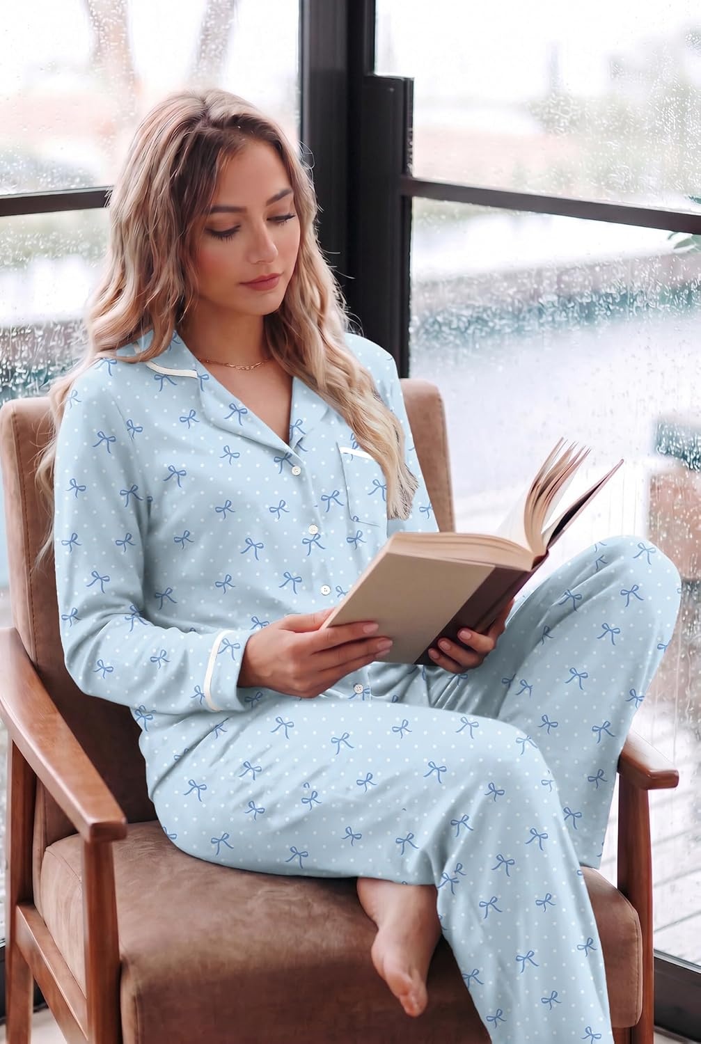 image:imageEkouaer Womens Pajama Sets Long Sleeve Button Down 2 Piece Soft Pjs Soft 2 Piece Lounge Sets Fall Sleepwear Long Pants With Side Pockets Soft and SkinFriendly FabricPolka Dot Bowblue