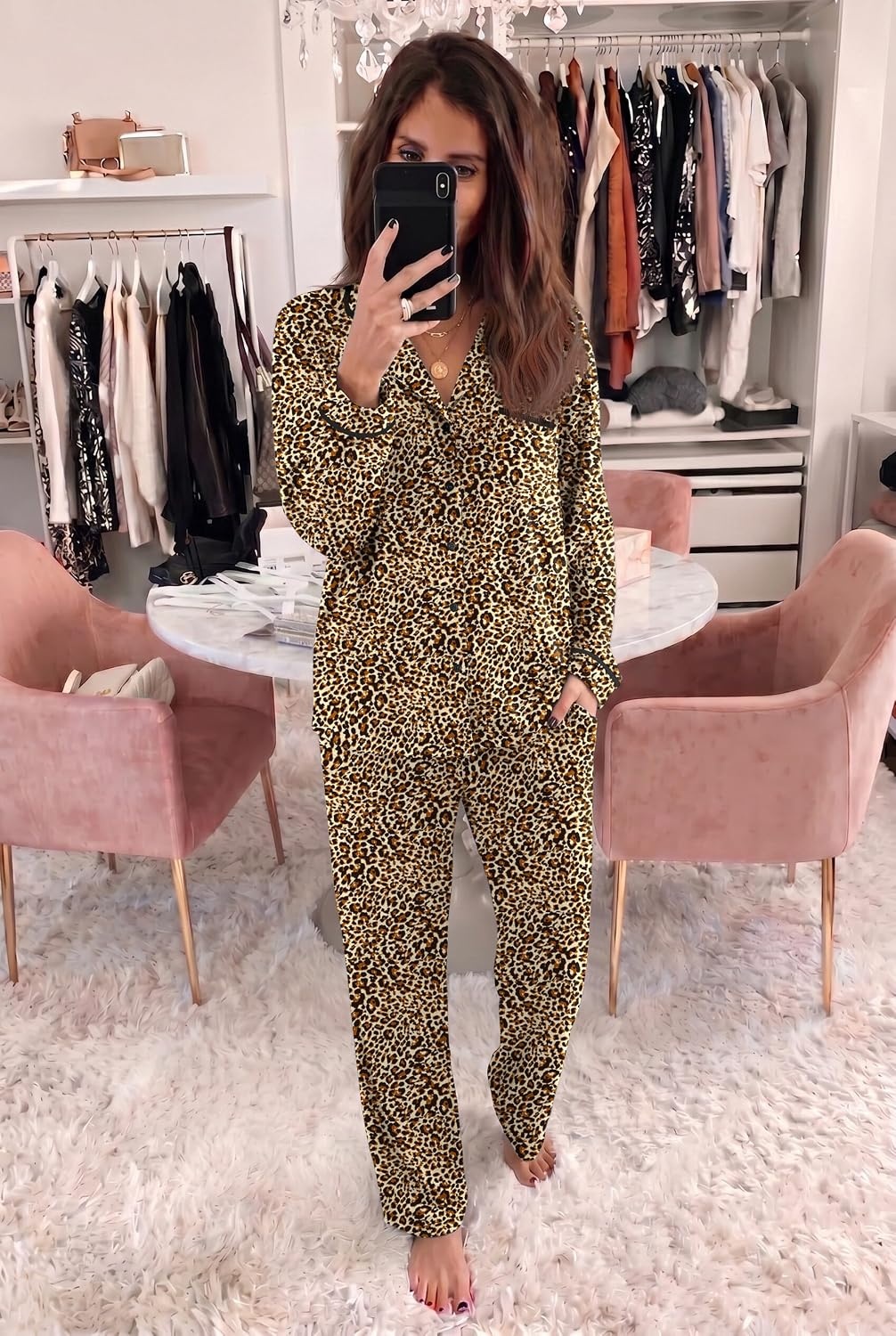 image:imageEkouaer Womens Pajama Sets Long Sleeve Button Down 2 Piece Soft Pjs Soft 2 Piece Lounge Sets Fall Sleepwear Long Pants With Side Pockets Soft and SkinFriendly FabricLeopard