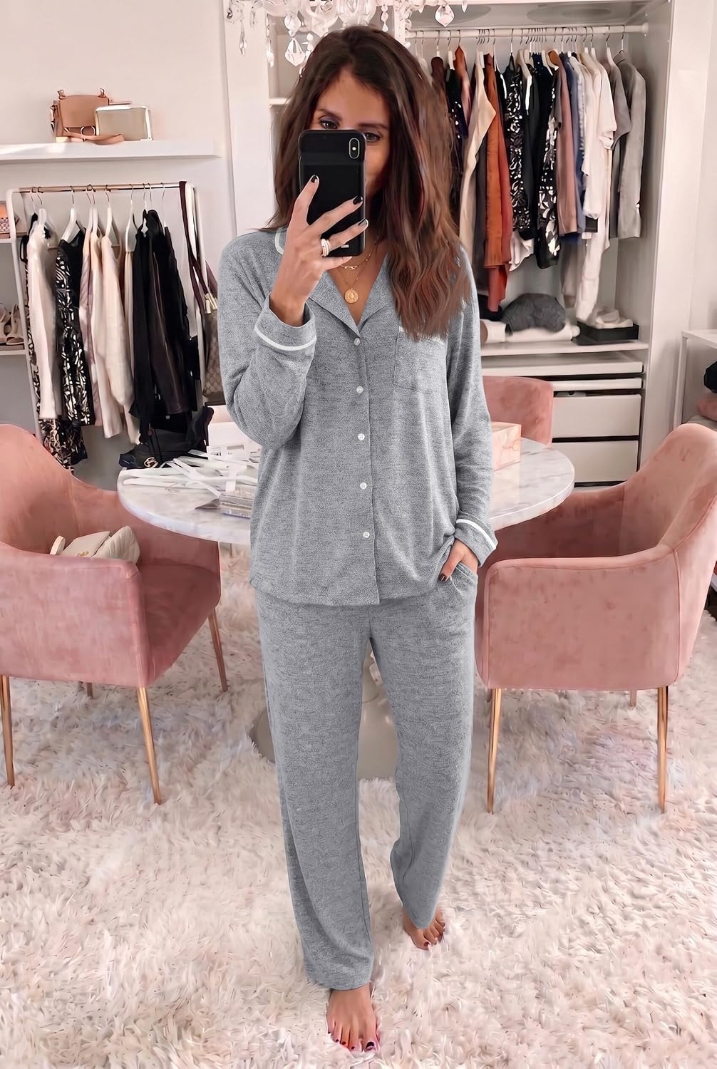 image:imageEkouaer Womens Pajama Sets Long Sleeve Button Down 2 Piece Soft Pjs Soft 2 Piece Lounge Sets Fall Sleepwear Long Pants With Side Pockets Soft and SkinFriendly FabricLight Grey