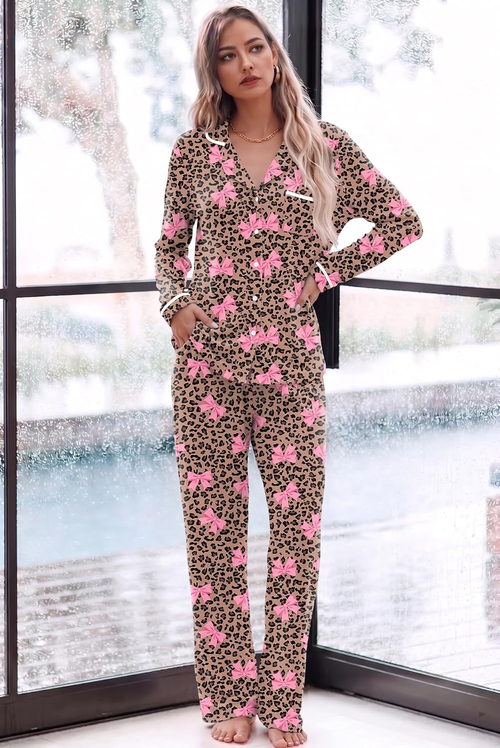image:imageEkouaer Womens Pajama Sets Long Sleeve Button Down 2 Piece Soft Pjs Soft 2 Piece Lounge Sets Fall Sleepwear Long Pants With Side Pockets Soft and SkinFriendly FabricLeopard Bow