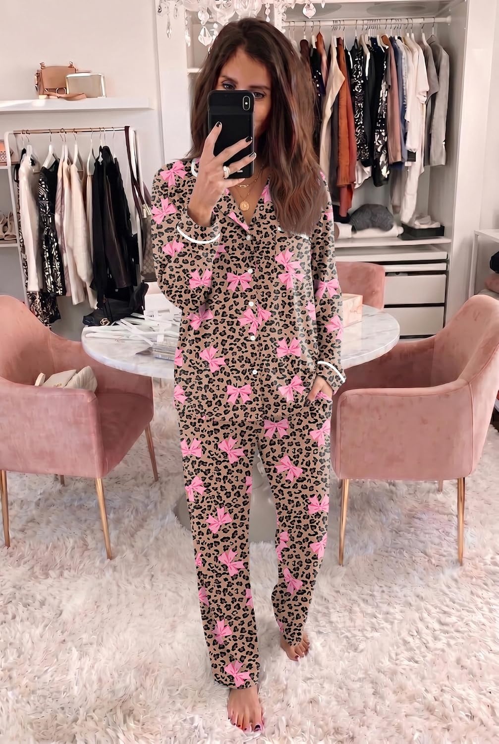 image:imageEkouaer Womens Pajama Sets Long Sleeve Button Down 2 Piece Soft Pjs Soft 2 Piece Lounge Sets Fall Sleepwear Long Pants With Side Pockets Soft and SkinFriendly FabricLeopard Bow