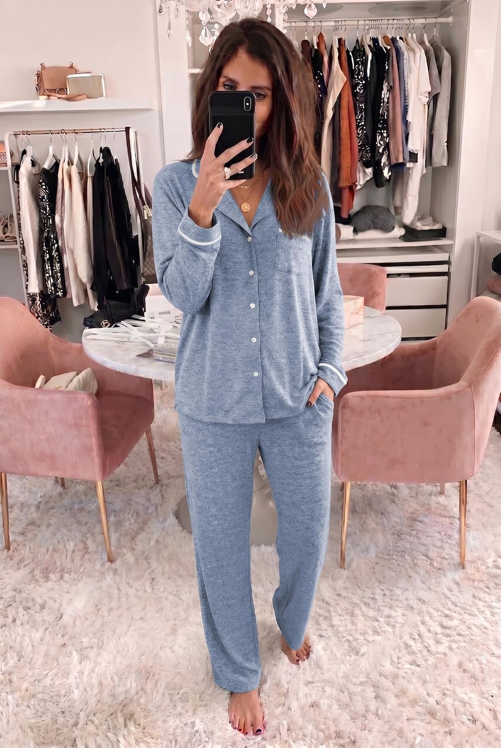 image:imageEkouaer Womens Pajama Sets Long Sleeve Button Down 2 Piece Soft Pjs Soft 2 Piece Lounge Sets Fall Sleepwear Long Pants With Side Pockets Soft and SkinFriendly FabricLight Blue