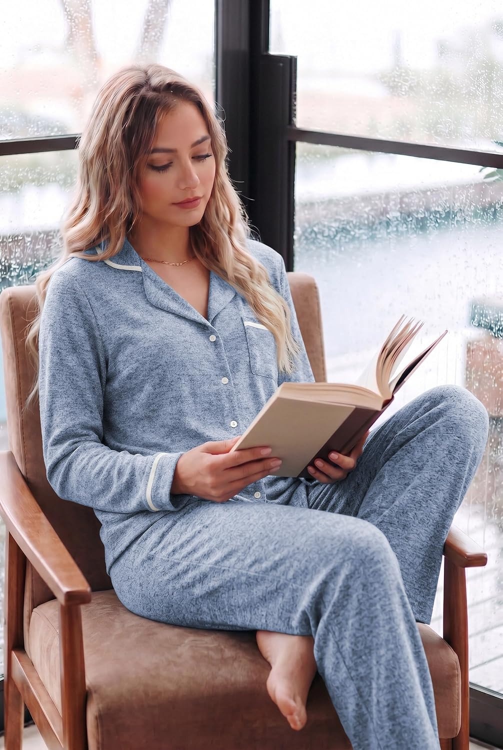 image:imageEkouaer Womens Pajama Sets Long Sleeve Button Down 2 Piece Soft Pjs Soft 2 Piece Lounge Sets Fall Sleepwear Long Pants With Side Pockets Soft and SkinFriendly FabricLight Blue