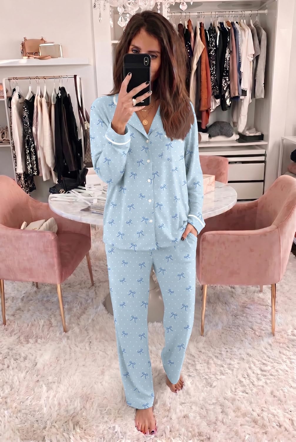 image:imageEkouaer Womens Pajama Sets Long Sleeve Button Down 2 Piece Soft Pjs Soft 2 Piece Lounge Sets Fall Sleepwear Long Pants With Side Pockets Soft and SkinFriendly FabricPolka Dot Bowblue