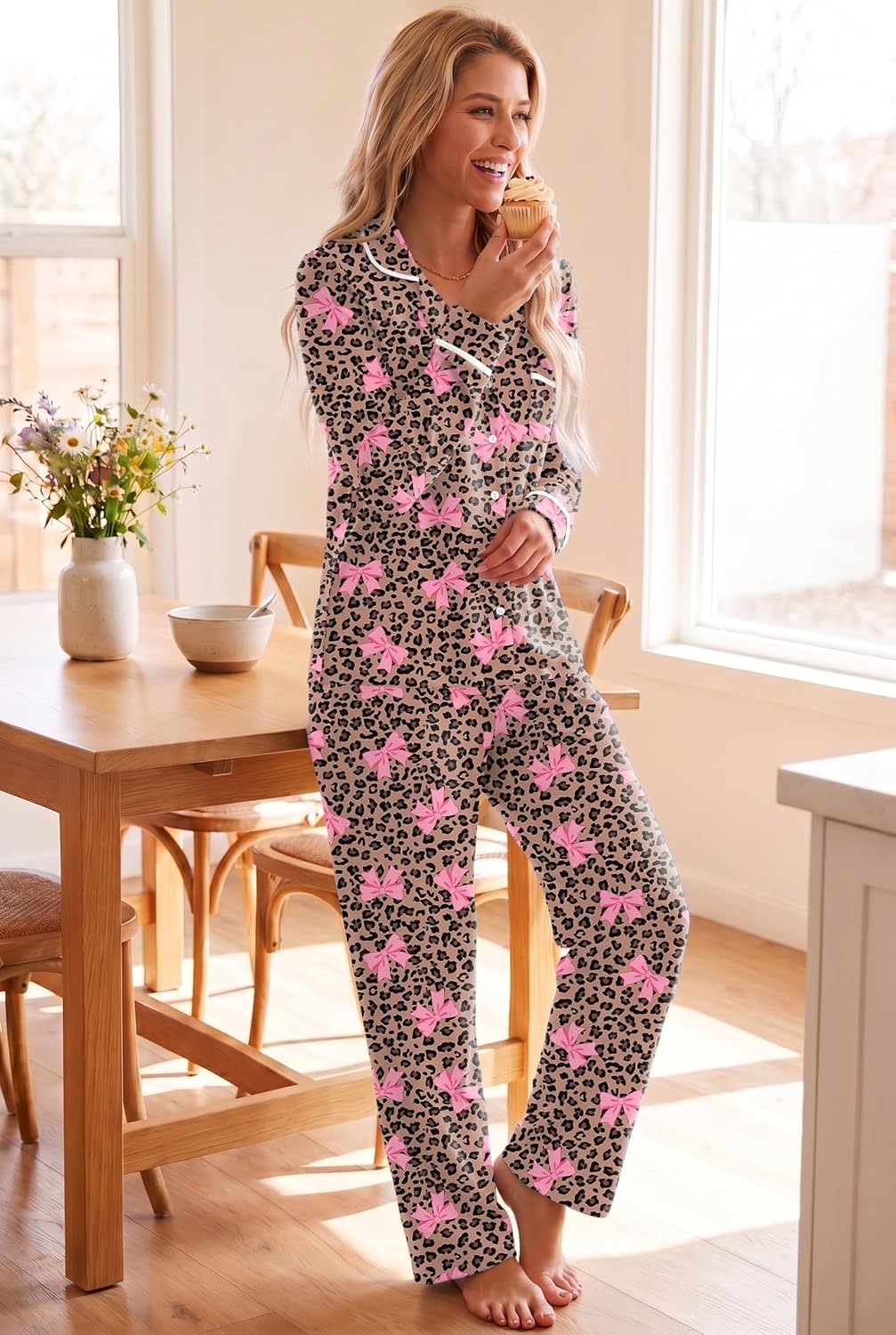 image:imageEkouaer Womens Pajama Sets Long Sleeve Button Down 2 Piece Soft Pjs Soft 2 Piece Lounge Sets Fall Sleepwear Long Pants With Side Pockets Soft and SkinFriendly FabricLeopard Bow