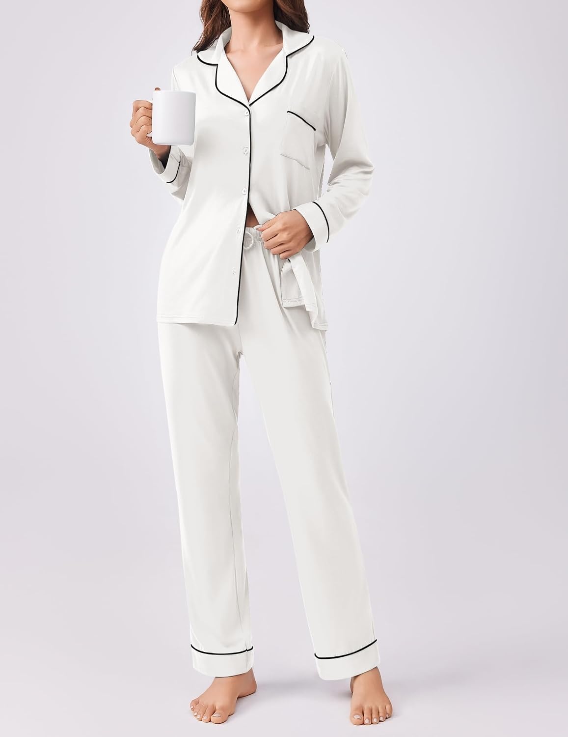 image:imageEkouaer Womens Pajamas Set Button Down Long Sleeve Top amp Pants Lounge Sets Soft Sleepwear Classic notch collar ideal for Home relaxation Wedding Party Daily Wear amp BreastfeedingWhite
