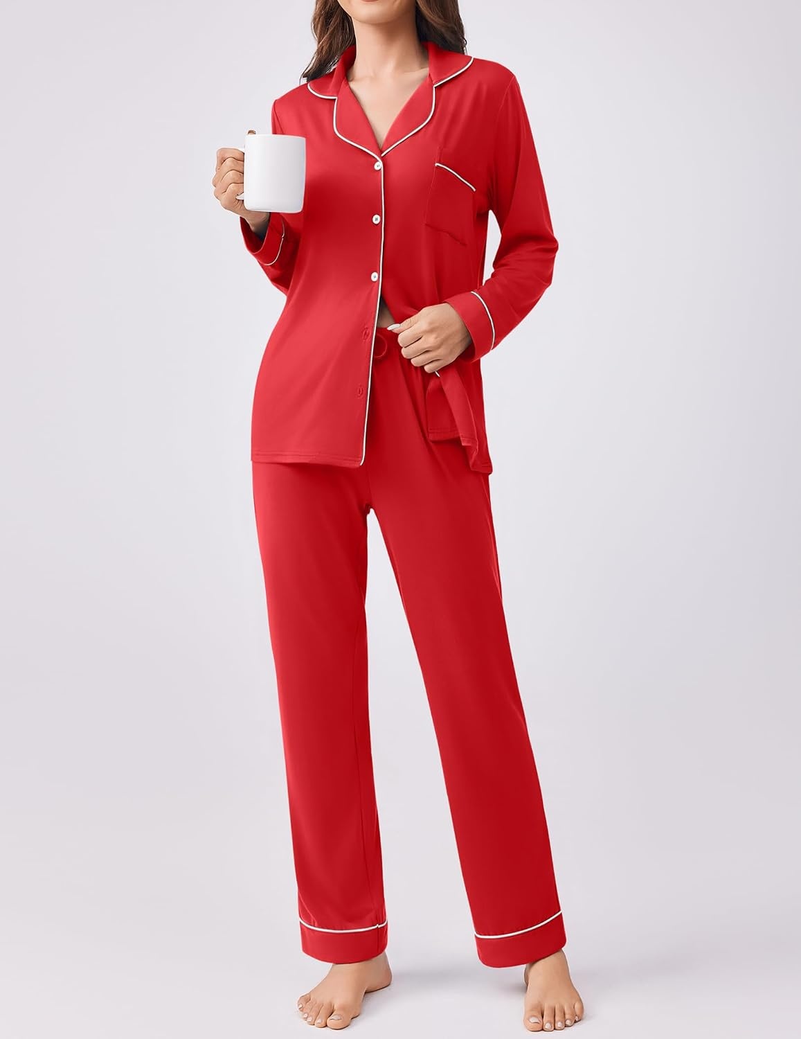 image:imageEkouaer Womens Pajamas Set Button Down Long Sleeve Top amp Pants Lounge Sets Soft Sleepwear Classic notch collar ideal for Home relaxation Wedding Party Daily Wear amp BreastfeedingRed