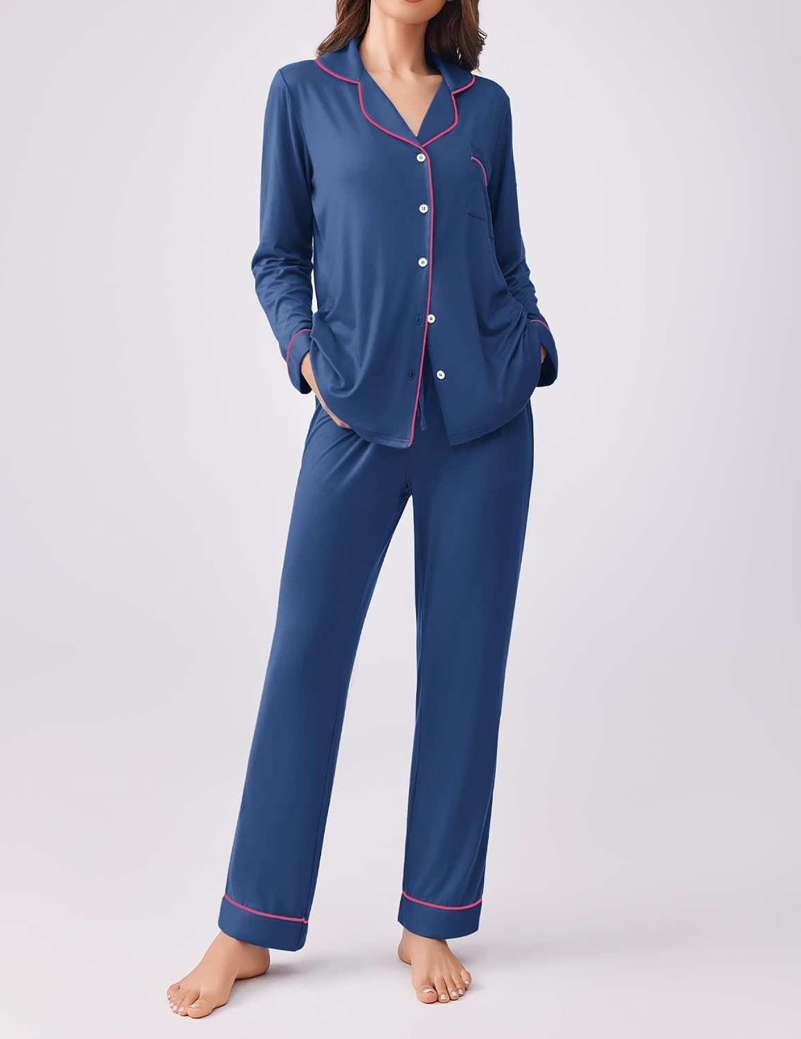 image:imageEkouaer Womens Pajamas Set Button Down Long Sleeve Top amp Pants Lounge Sets Soft Sleepwear Classic notch collar ideal for Home relaxation Wedding Party Daily Wear amp BreastfeedingDeep Blue