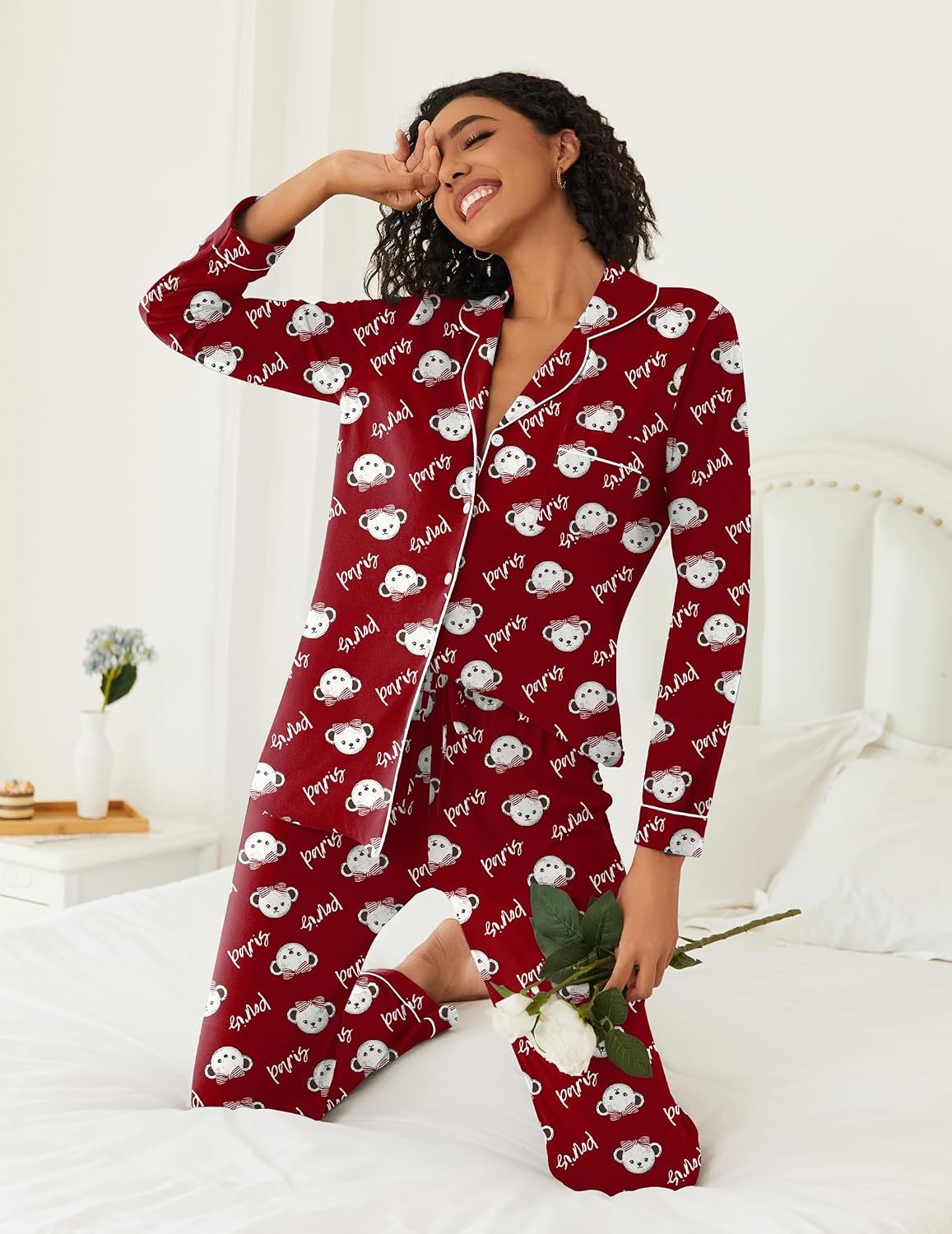 image:imageEkouaer Womens Pajamas Set Button Down Long Sleeve Top amp Pants Lounge Sets Soft Sleepwear Classic notch collar ideal for Home relaxation Wedding Party Daily Wear amp BreastfeedingRed Teddy