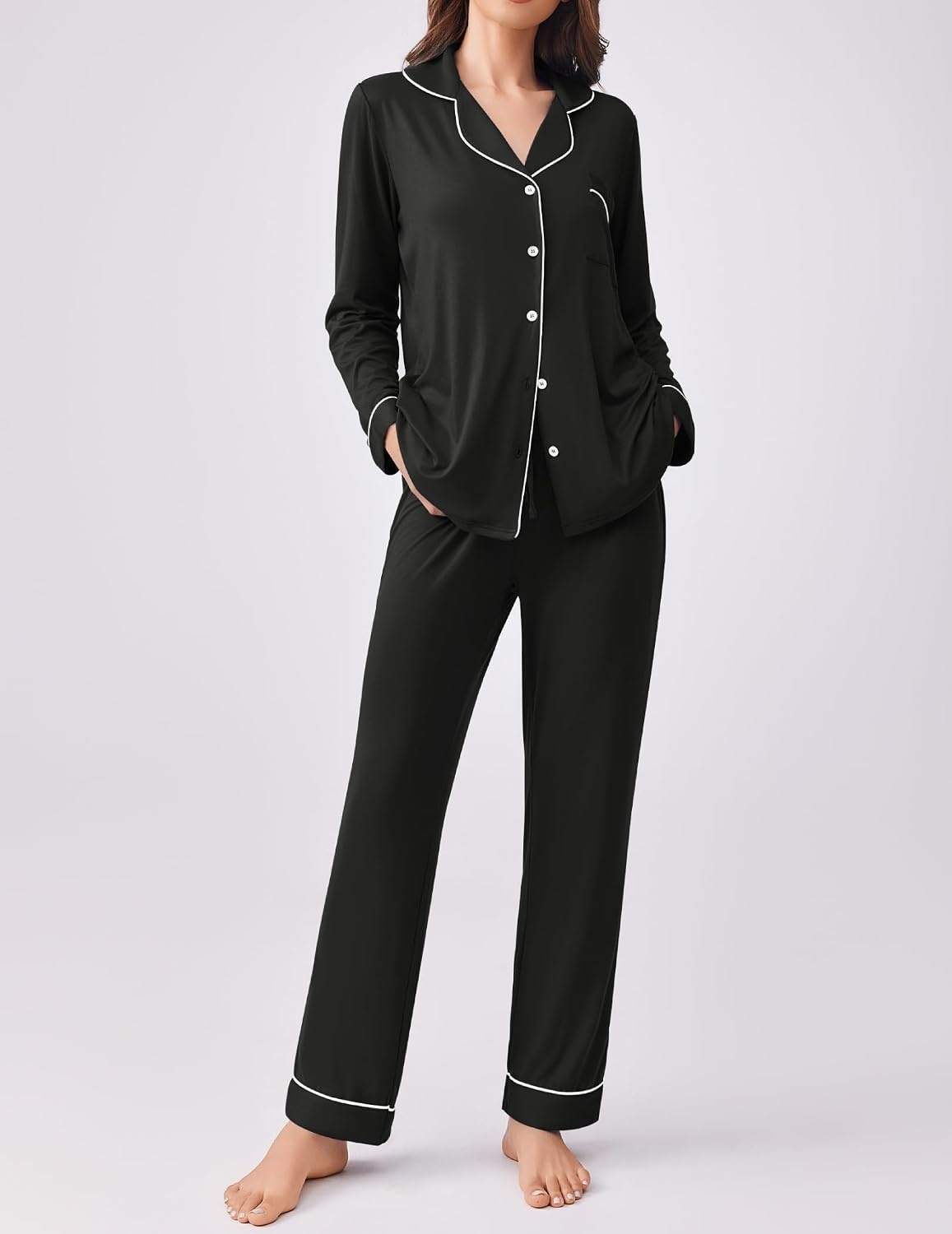 image:imageEkouaer Womens Pajamas Set Button Down Long Sleeve Top amp Pants Lounge Sets Soft Sleepwear Classic notch collar ideal for Home relaxation Wedding Party Daily Wear amp BreastfeedingAblack
