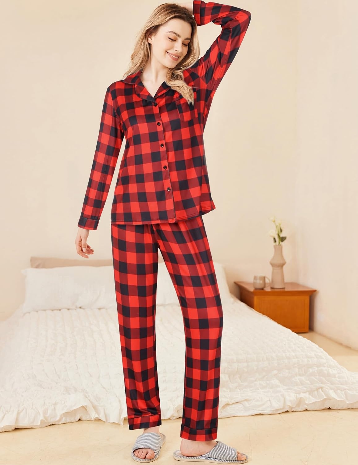 image:imageEkouaer Womens Pajamas Set Button Down Long Sleeve Top amp Pants Lounge Sets Soft Sleepwear Classic notch collar ideal for Home relaxation Wedding Party Daily Wear amp BreastfeedingBred Plaid