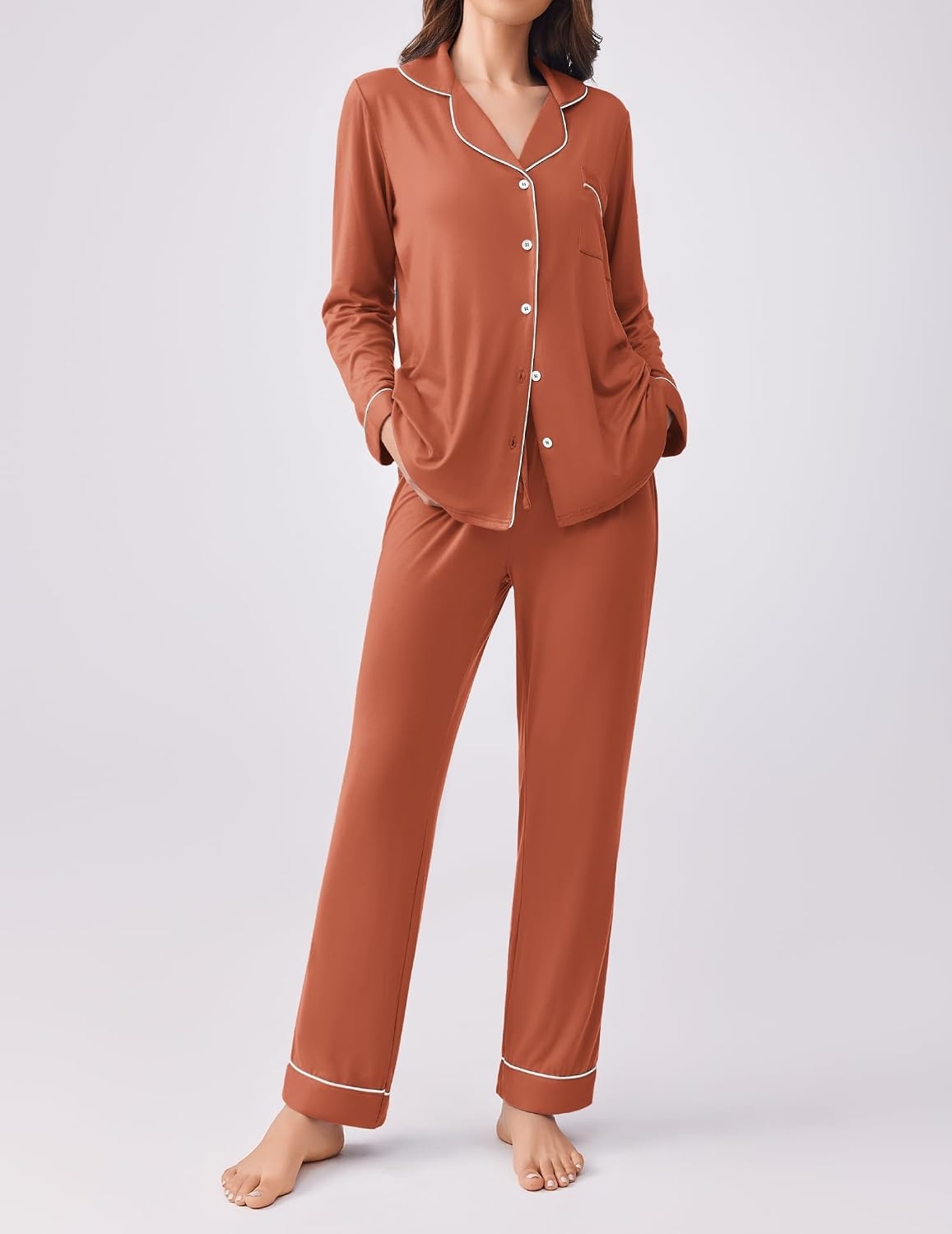 image:imageEkouaer Womens Pajamas Set Button Down Long Sleeve Top amp Pants Lounge Sets Soft Sleepwear Classic notch collar ideal for Home relaxation Wedding Party Daily Wear amp BreastfeedingCaremel