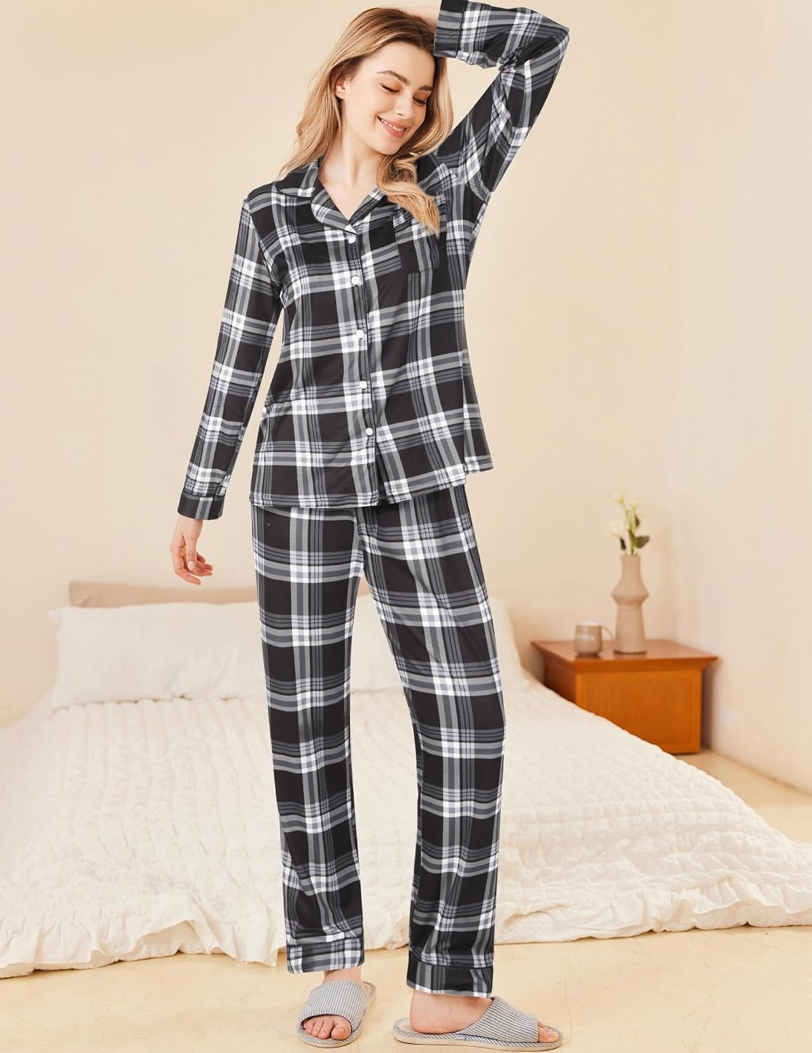 image:imageEkouaer Womens Pajamas Set Button Down Long Sleeve Top amp Pants Lounge Sets Soft Sleepwear Classic notch collar ideal for Home relaxation Wedding Party Daily Wear amp BreastfeedingBgrey Plaid