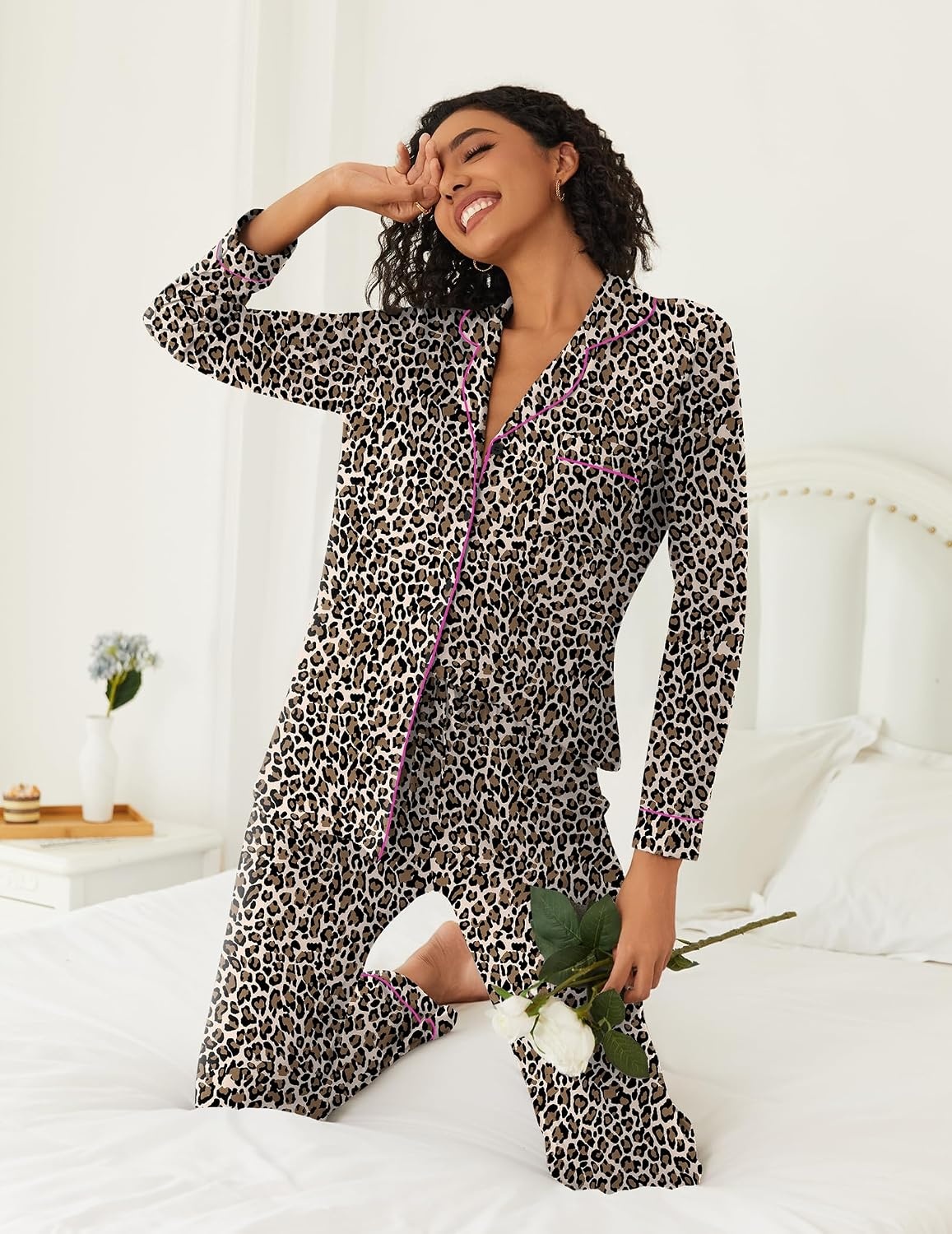 image:imageEkouaer Womens Pajamas Set Button Down Long Sleeve Top amp Pants Lounge Sets Soft Sleepwear Classic notch collar ideal for Home relaxation Wedding Party Daily Wear amp BreastfeedingBrown Leopard