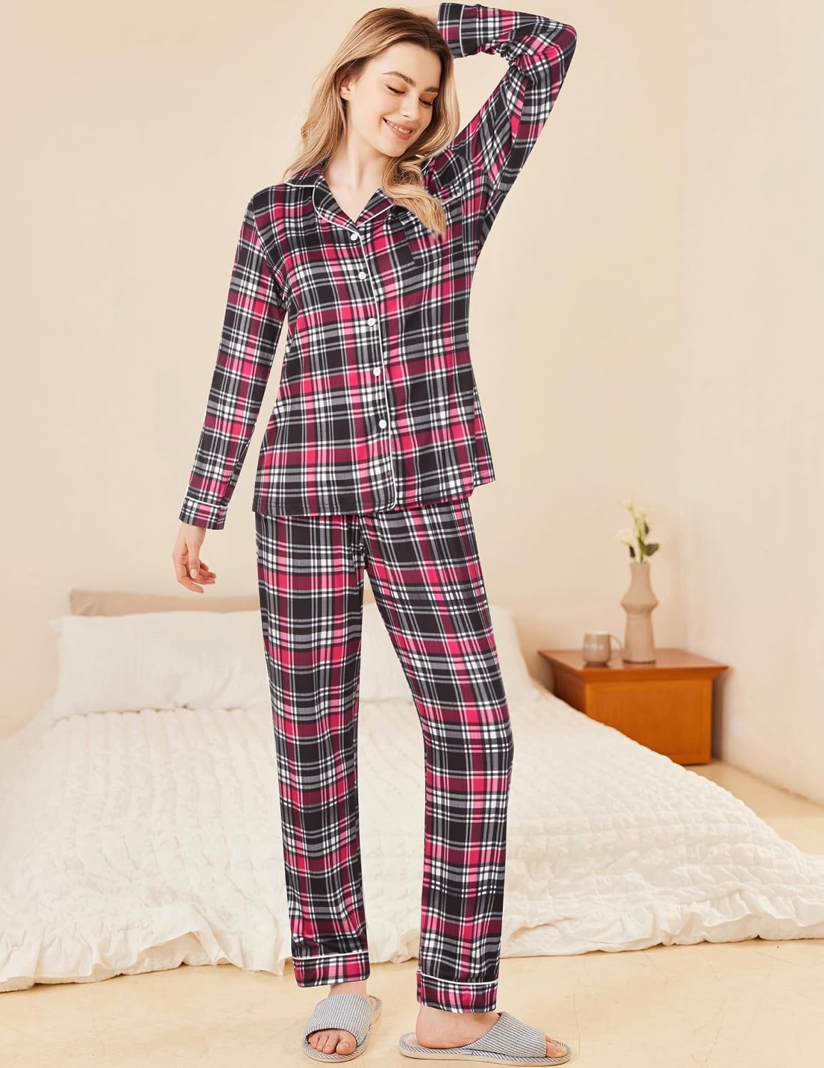 image:imageEkouaer Womens Pajamas Set Button Down Long Sleeve Top amp Pants Lounge Sets Soft Sleepwear Classic notch collar ideal for Home relaxation Wedding Party Daily Wear amp BreastfeedingBblack Red Plaid