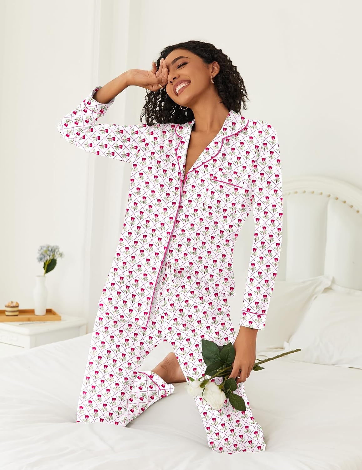 image:imageEkouaer Womens Pajamas Set Button Down Long Sleeve Top amp Pants Lounge Sets Soft Sleepwear Classic notch collar ideal for Home relaxation Wedding Party Daily Wear amp BreastfeedingSmall Red Flowers