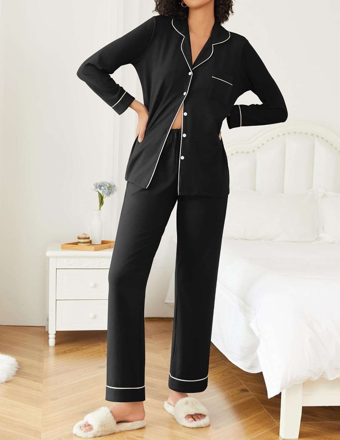image:imageEkouaer Womens Pajamas Set Button Down Long Sleeve Top amp Pants Lounge Sets Soft Sleepwear Classic notch collar ideal for Home relaxation Wedding Party Daily Wear amp BreastfeedingAblack