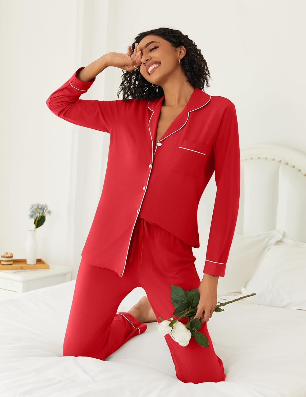 image:imageEkouaer Womens Pajamas Set Button Down Long Sleeve Top amp Pants Lounge Sets Soft Sleepwear Classic notch collar ideal for Home relaxation Wedding Party Daily Wear amp BreastfeedingRed