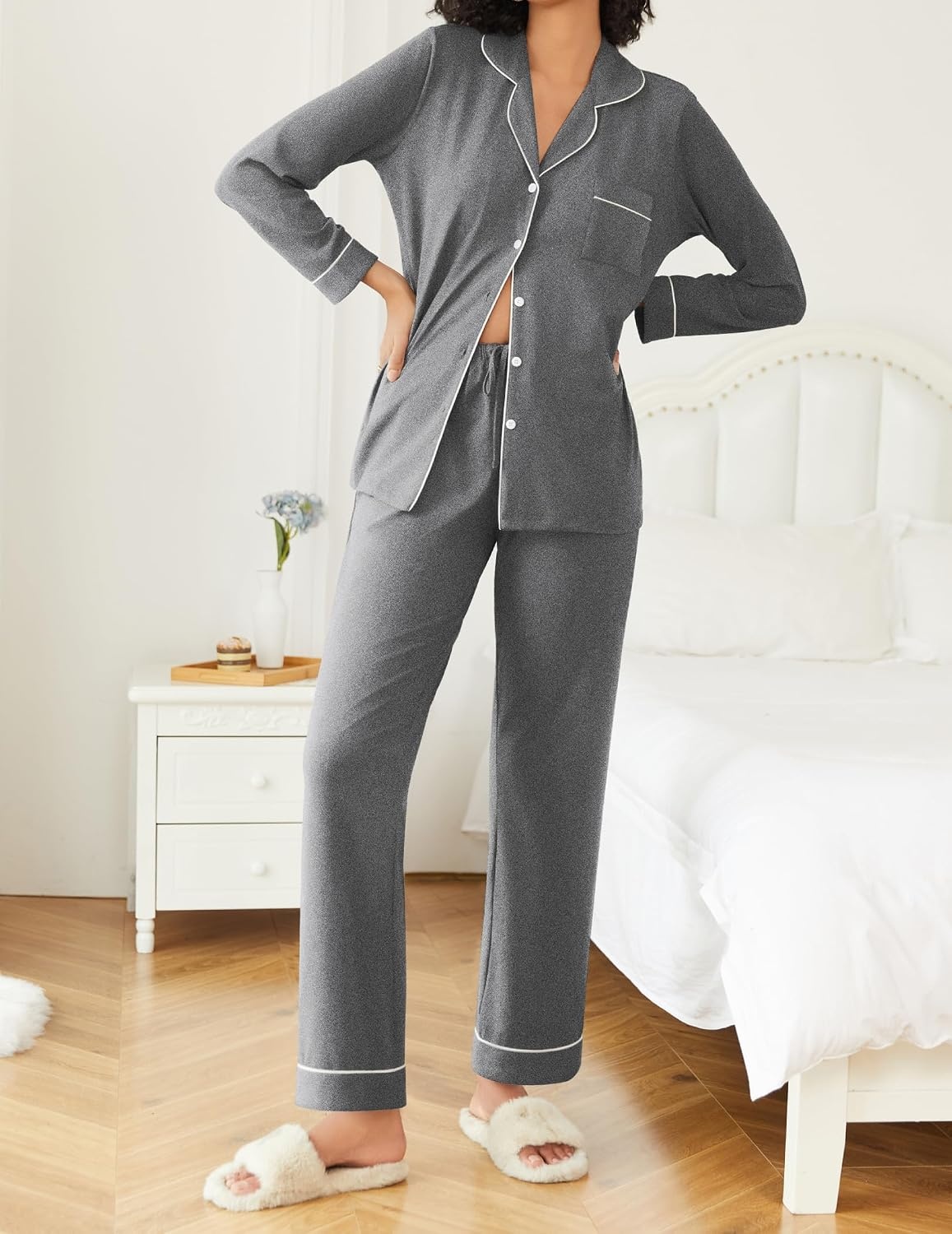 image:imageEkouaer Womens Pajamas Set Button Down Long Sleeve Top amp Pants Lounge Sets Soft Sleepwear Classic notch collar ideal for Home relaxation Wedding Party Daily Wear amp BreastfeedingGrey