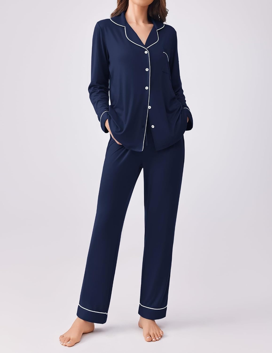 image:imageEkouaer Womens Pajamas Set Button Down Long Sleeve Top amp Pants Lounge Sets Soft Sleepwear Classic notch collar ideal for Home relaxation Wedding Party Daily Wear amp BreastfeedingNavy Blue