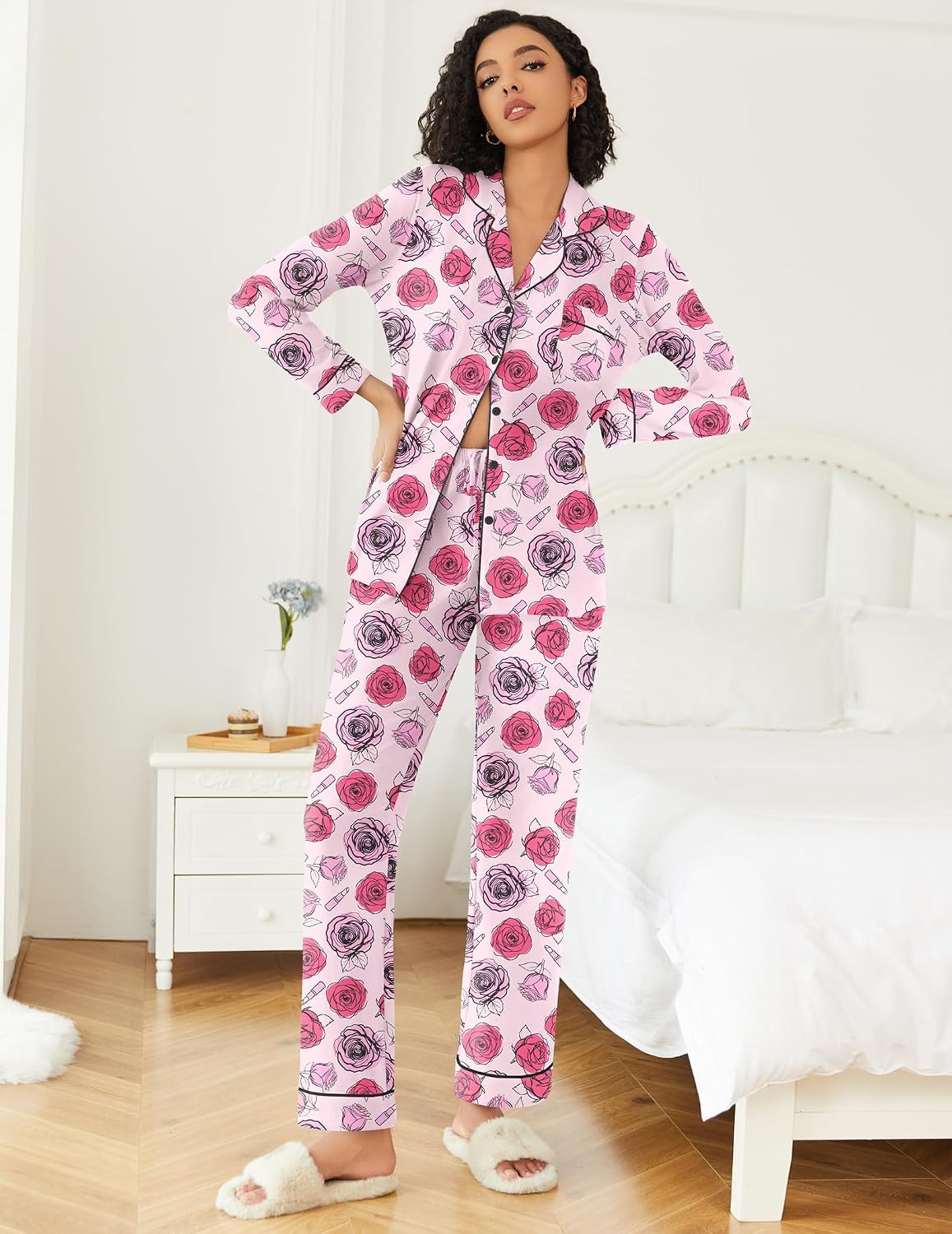 image:imageEkouaer Womens Pajamas Set Button Down Long Sleeve Top amp Pants Lounge Sets Soft Sleepwear Classic notch collar ideal for Home relaxation Wedding Party Daily Wear amp BreastfeedingPanting Rose