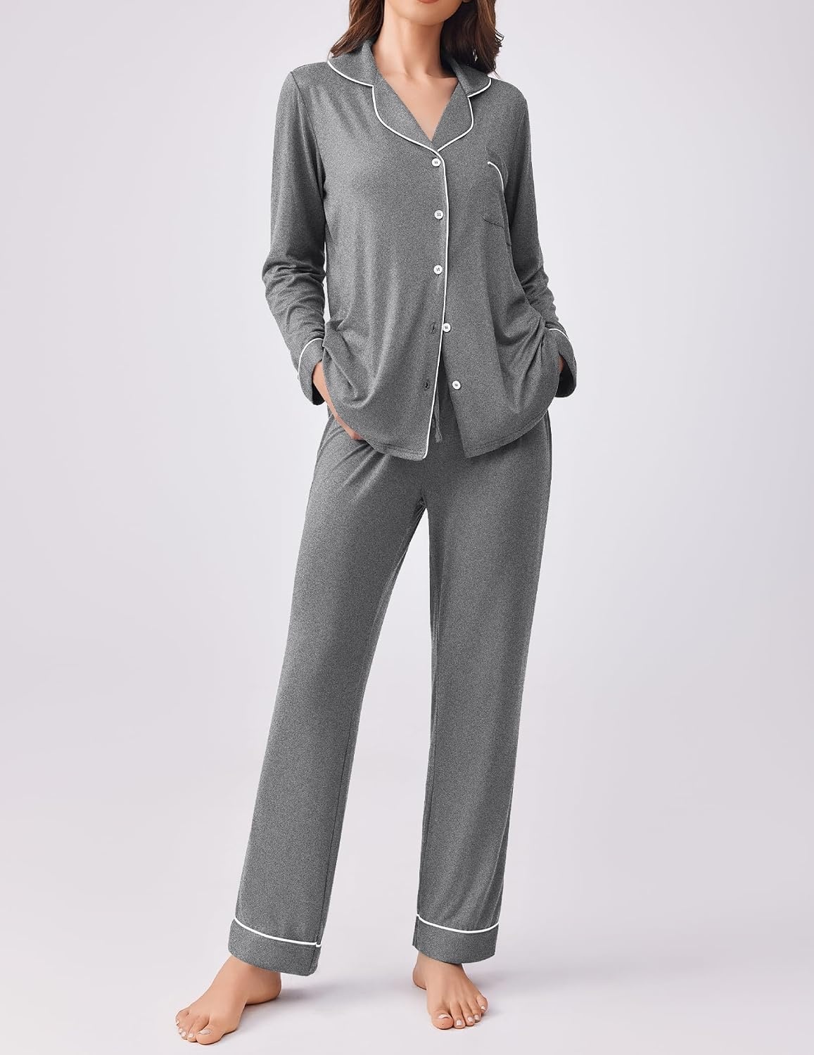 image:imageEkouaer Womens Pajamas Set Button Down Long Sleeve Top amp Pants Lounge Sets Soft Sleepwear Classic notch collar ideal for Home relaxation Wedding Party Daily Wear amp BreastfeedingGrey