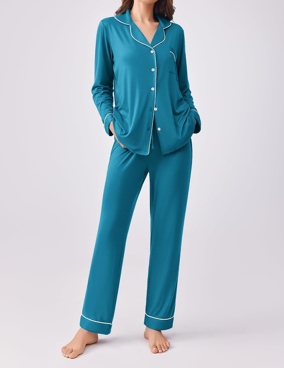 image:imageEkouaer Womens Pajamas Set Button Down Long Sleeve Top amp Pants Lounge Sets Soft Sleepwear Classic notch collar ideal for Home relaxation Wedding Party Daily Wear amp BreastfeedingDeep Lake Blue