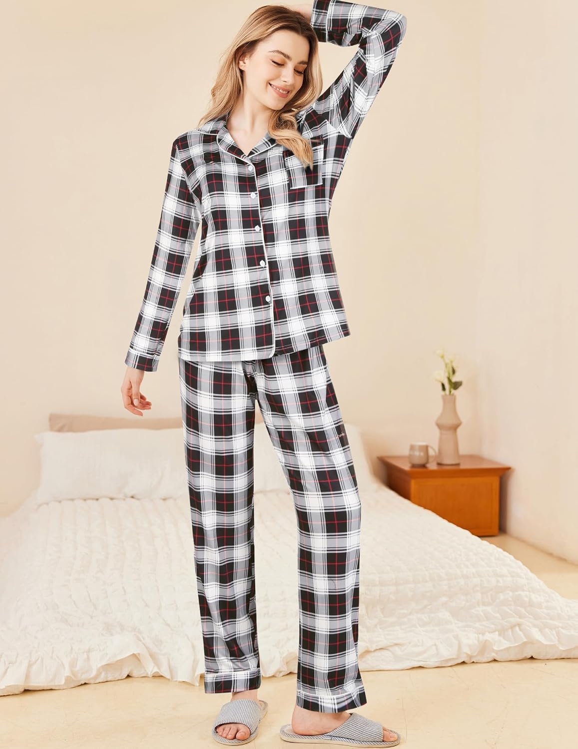 image:imageEkouaer Womens Pajamas Set Button Down Long Sleeve Top amp Pants Lounge Sets Soft Sleepwear Classic notch collar ideal for Home relaxation Wedding Party Daily Wear amp BreastfeedingBwhite Black Plaid