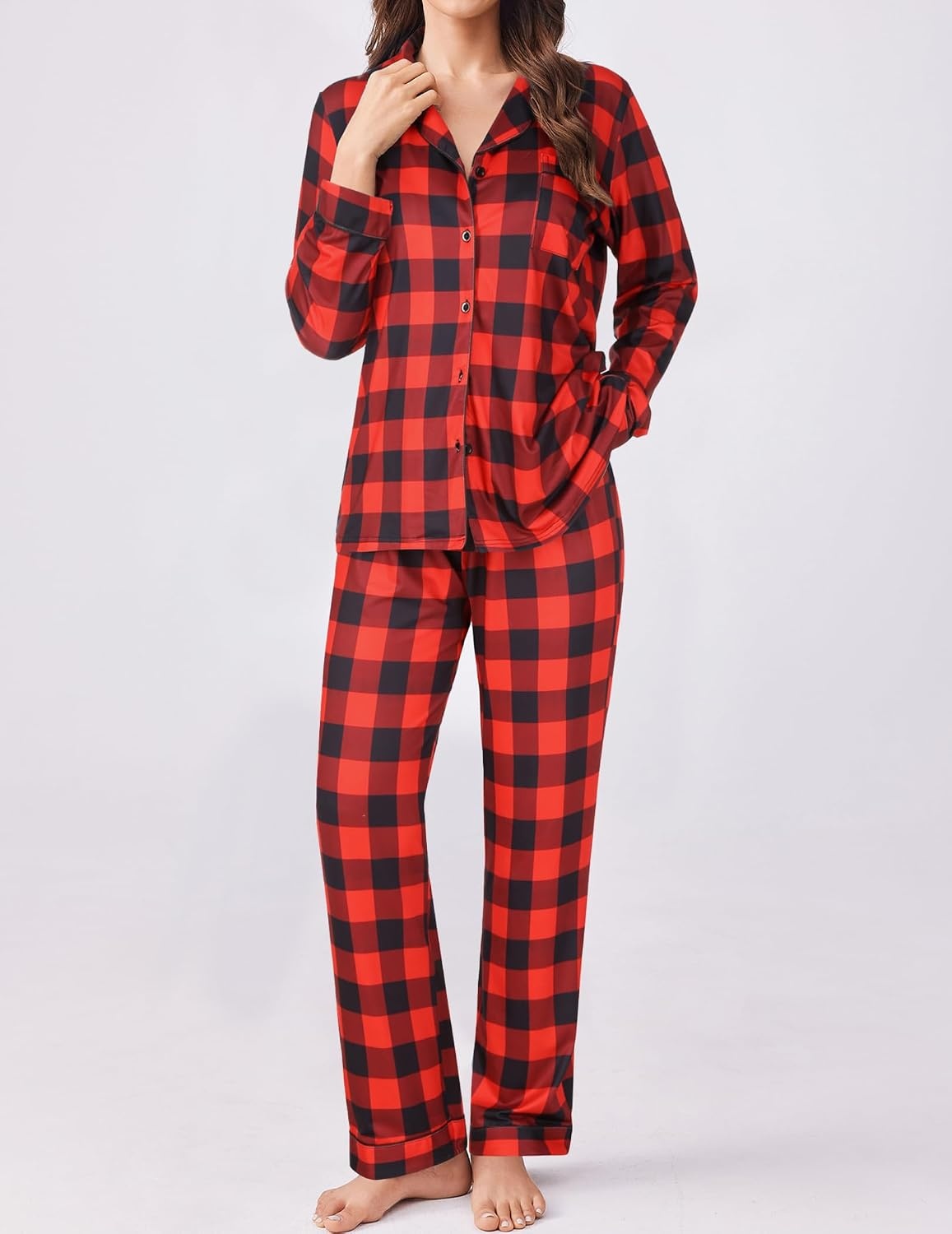 image:imageEkouaer Womens Pajamas Set Button Down Long Sleeve Top amp Pants Lounge Sets Soft Sleepwear Classic notch collar ideal for Home relaxation Wedding Party Daily Wear amp BreastfeedingBred Plaid