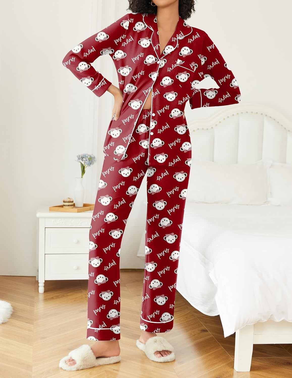 image:imageEkouaer Womens Pajamas Set Button Down Long Sleeve Top amp Pants Lounge Sets Soft Sleepwear Classic notch collar ideal for Home relaxation Wedding Party Daily Wear amp BreastfeedingRed Teddy