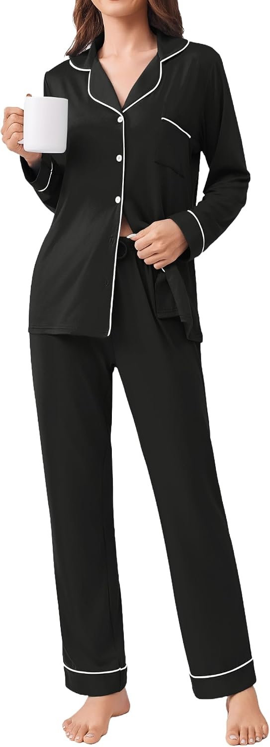 image:imageEkouaer Womens Pajamas Set Button Down Long Sleeve Top amp Pants Lounge Sets Soft Sleepwear Classic notch collar ideal for Home relaxation Wedding Party Daily Wear amp BreastfeedingAblack