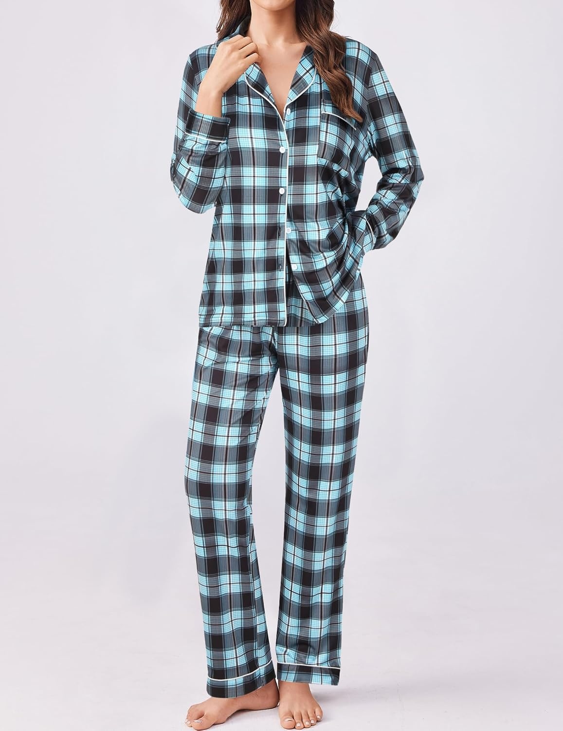 image:imageEkouaer Womens Pajamas Set Button Down Long Sleeve Top amp Pants Lounge Sets Soft Sleepwear Classic notch collar ideal for Home relaxation Wedding Party Daily Wear amp BreastfeedingBblue Plaid